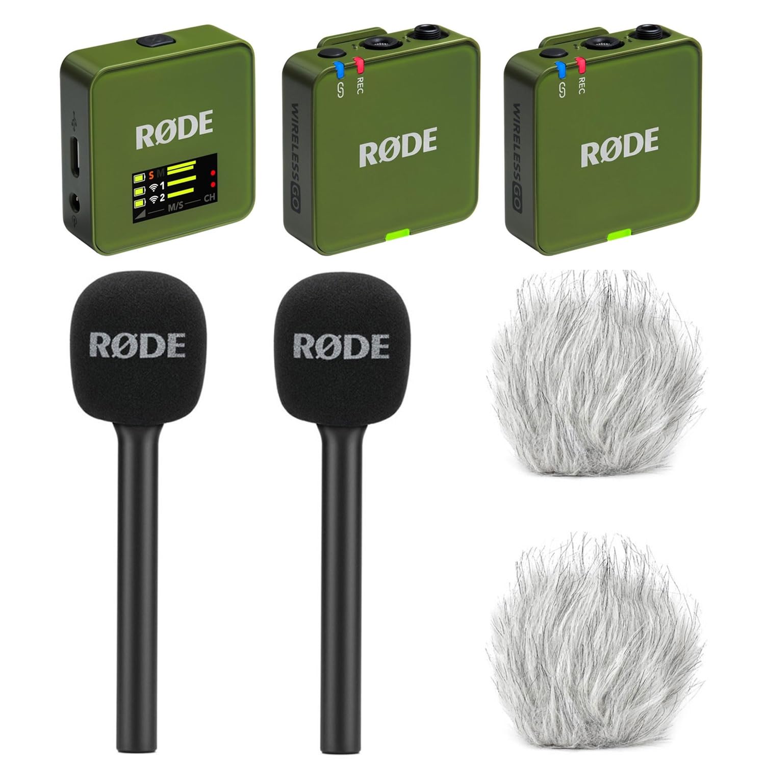 Rode Wireless GO Gen 3 bezprzewodowy 2-kanałowy system radiowy z mikrofonem Moss Khaki z 2 x adapterem ręcznym Interview GO i 2 x keepdrum futrzana ochrona przed wiatrem