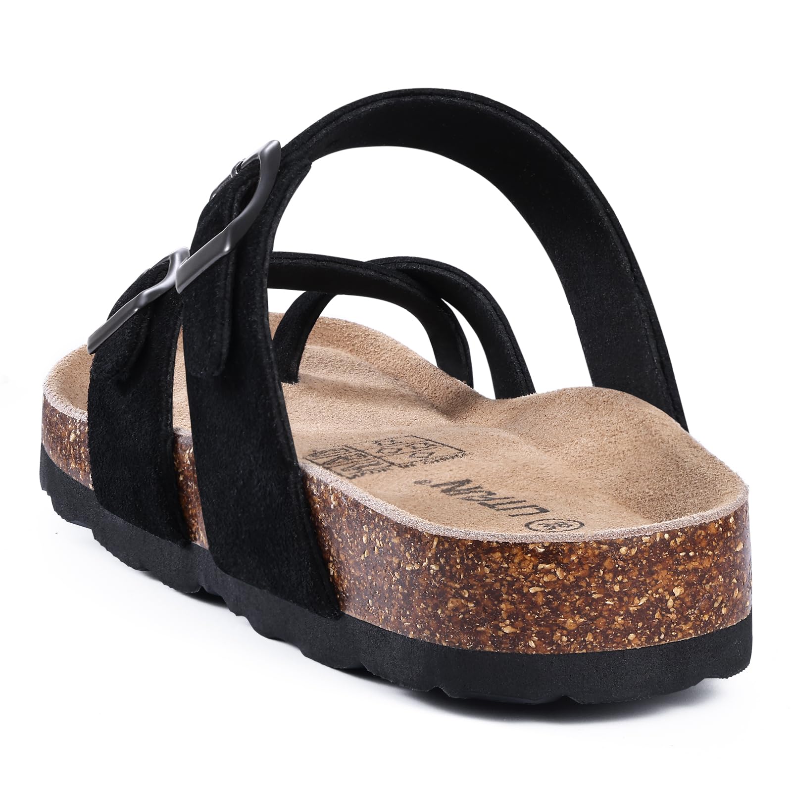 Litfun Damen Wildleder Pantoletten Sandale mit Korkfußbett, Sommer Zehentrenner Sandale mit verstellbarer Schnalle