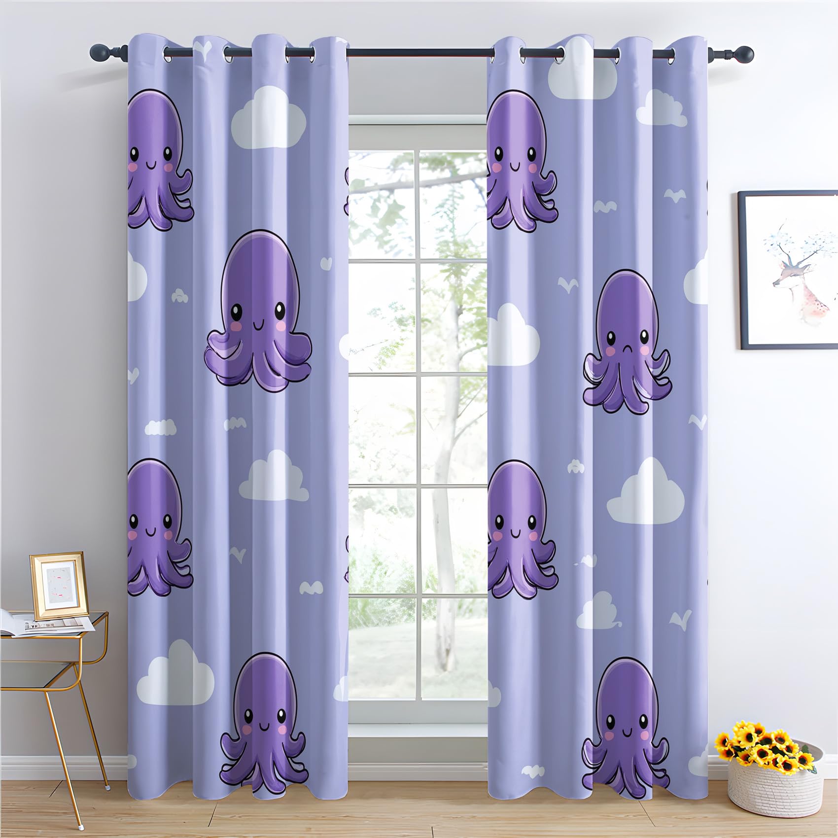 Venivici Octopus Blackout Curtains for Bedroom Living Room - 72 Inch Drop Curtains Eyelet, Kids Kawaii Ocean Animal Patterned Window Treatments, Thermal Insulated Drapes 46x72 2 Panels