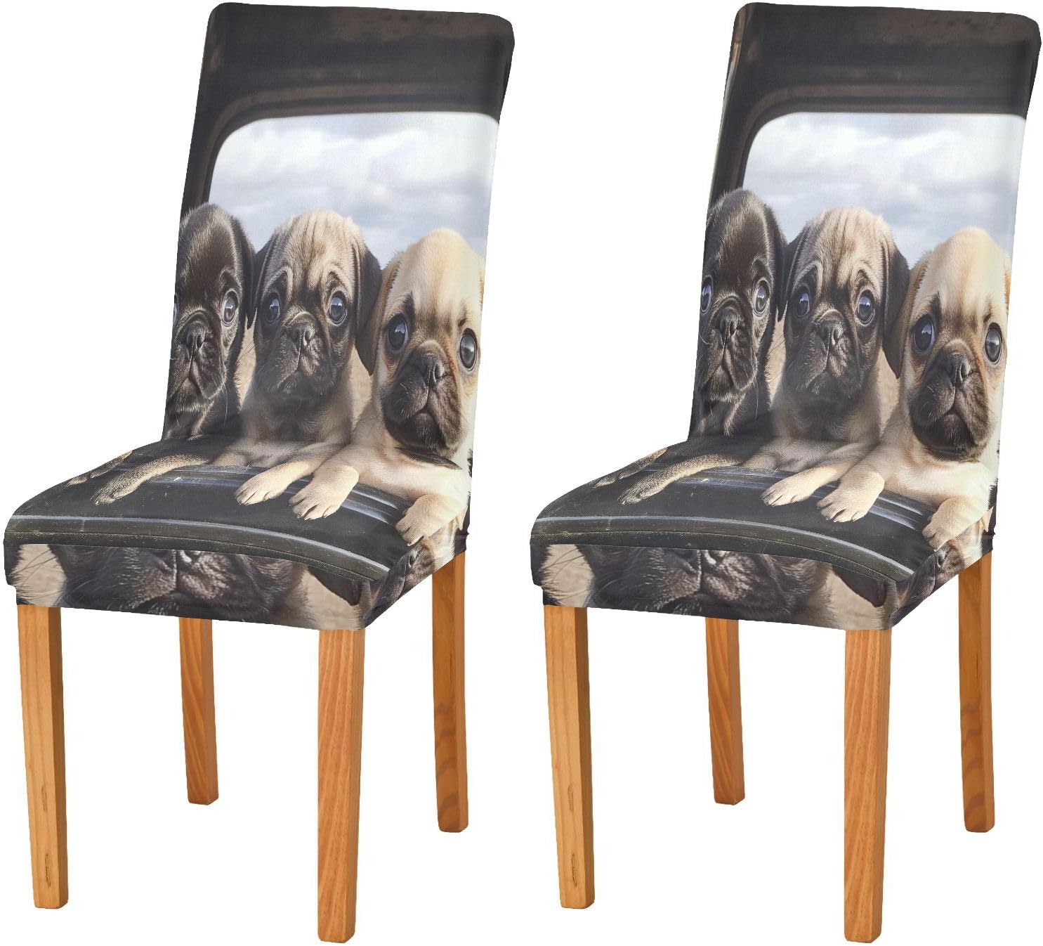 ALAZA Chair Covers for Dining Room, Three Pug Chihuahua Puppies on The Truck Stretch Chair Cover Sets Chair Protector Removable Washable for Ktichen Restaurant Hotel