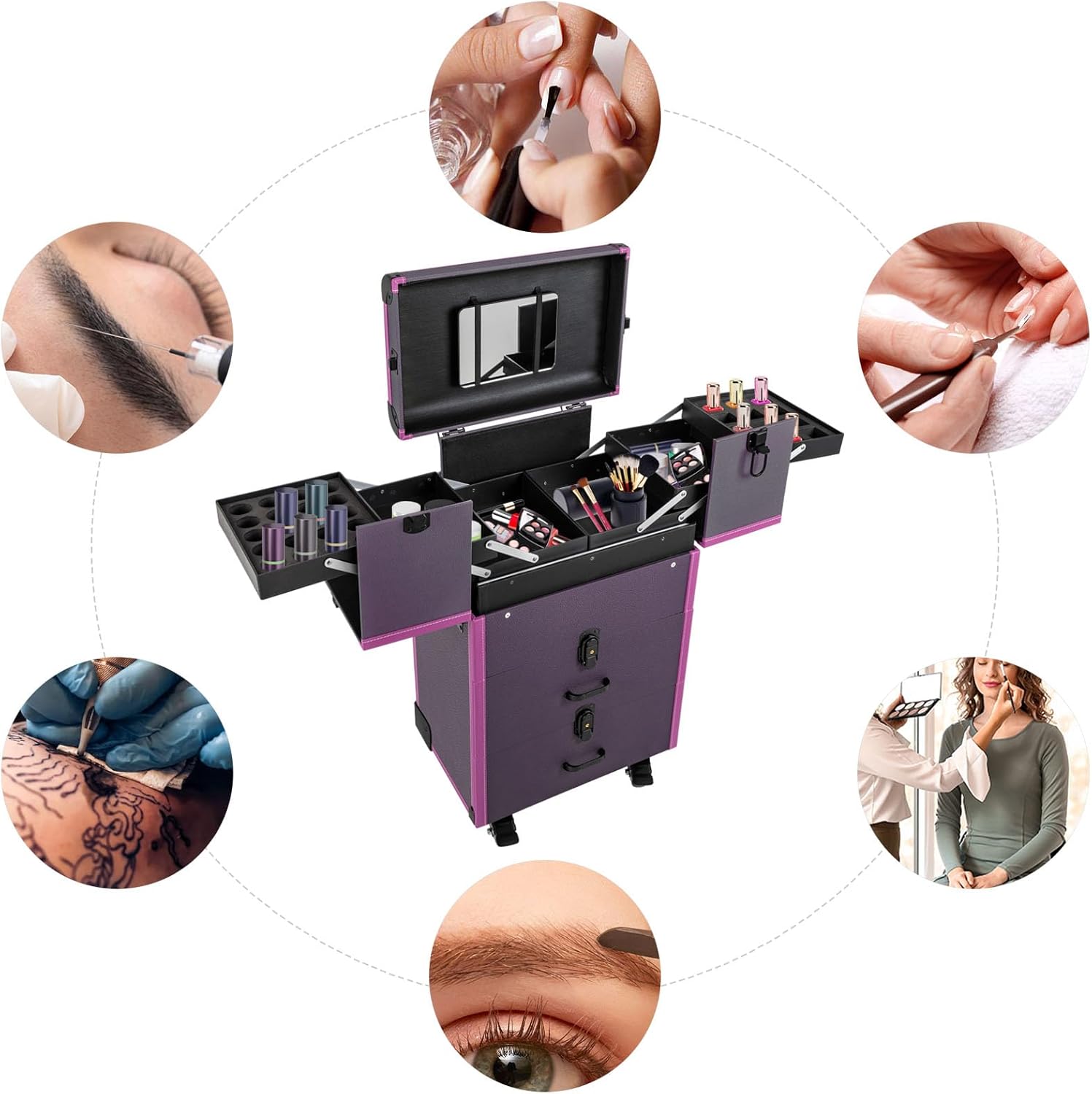 Rolling Makeup Train Case Portable Cosmetic Trolley Travel Storage Organizer Lockable Box With 4Universal Wheels & 2Large Drawers For Makeup Artists Hairdressers Beauticians (Purple)