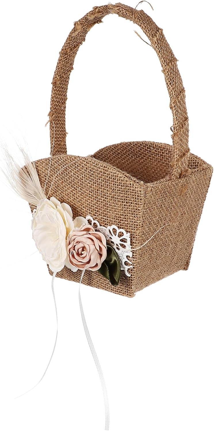 Wedding Flower Girl Basket with Lace Bow Rustic Linen Flower Basket Delicate Wedding Petal Holder for Ceremony Party Supplies