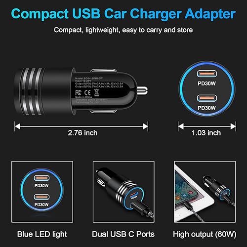 Miniatura 6 de Cargador rápido de coche para iPhone 15 Pro Max 15 Plus Android tipo C encendedor de cigarrillos enchufe con 3 pies USB C a C cable de carga rápida