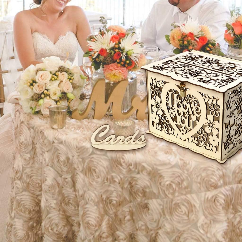 Alnicov Wooden Wedding Card Box,Money Box with Lock Slot,DIY Wooden Money Box for Wedding Reception Anniversary Birthday Party Graduation Party Decoration(I Love You-Small Size)