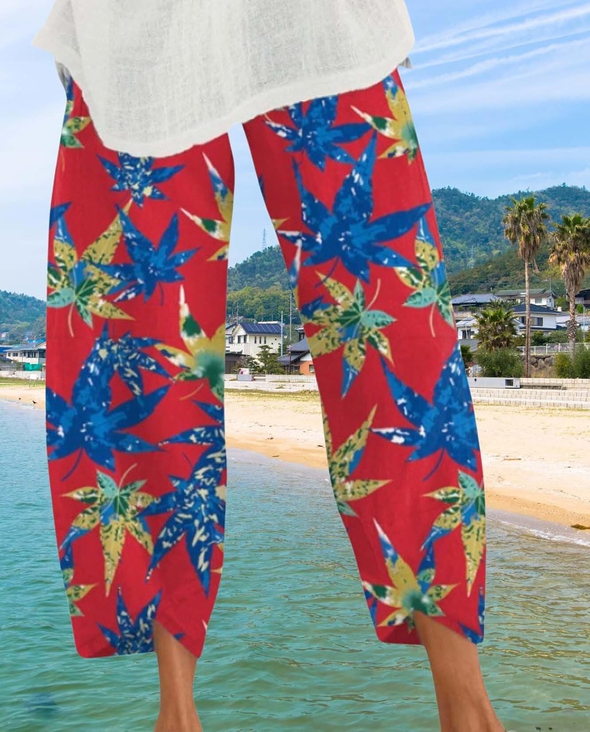 Boho Capri Pants for Women Summer High Elastic Waist Wide Leg Trousers Beach Vacation Fashion Pant with Pockets