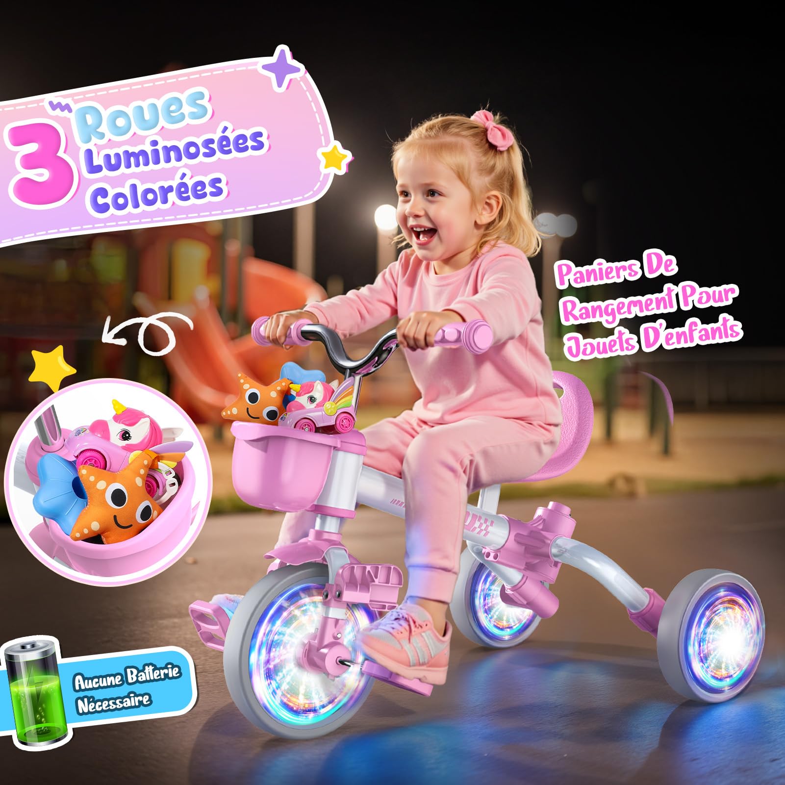 HappyGoLucky 5 en 1 Tricycle évolutif Enfant, Draisienne 1-5 Ans-Roues Lumineuses/Poignée Parentale/Sièges&pédales Réglables