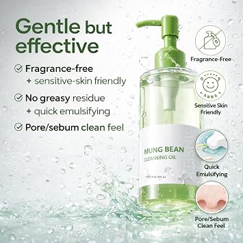 Mung Bean Cleansing Oil for Face, Korean Cleansing Oil for Deep Pore Care, Gentle Makeup Remover, Effectively Removes Eye, Face and Lip Makeup, Refreshing & No Tightness, Daily Use for Sensitive Skin