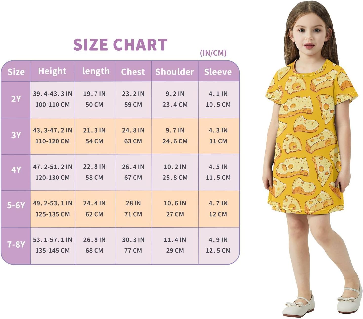 Yellow Cheese Girls Dresses Summer Dresses for Girls with Cotton Short Sleeves for Casual a Line Dress Size 2-8Y
