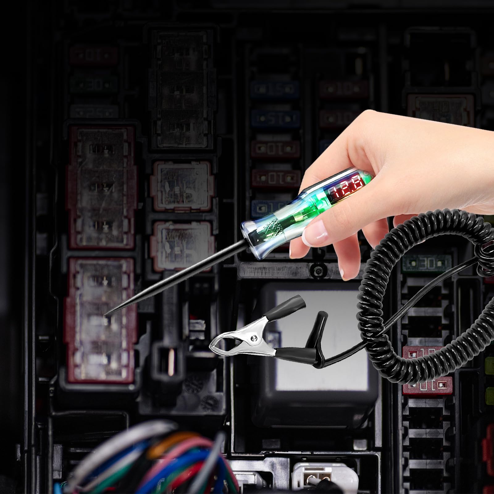 Tester per circuiti automobilistici da 5-120 V, display digitale di tensione a LED con cavo a molla esteso in PU nero, sonda in acciaio duro affilato, circuiti per veicoli a bassa tensione CC, tester