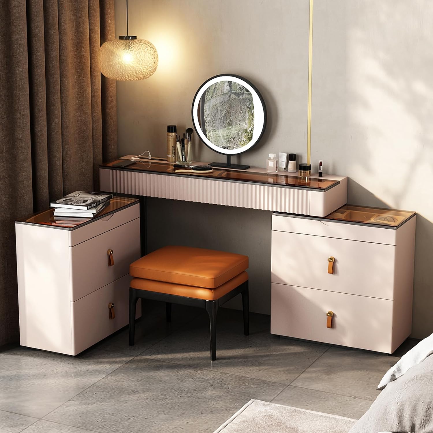 Lartis Makeup Vanity with Stool, Very Easy to Assemble,Retractable TV Cabinet Combination, Dressing Table Desk in one, Super Storage