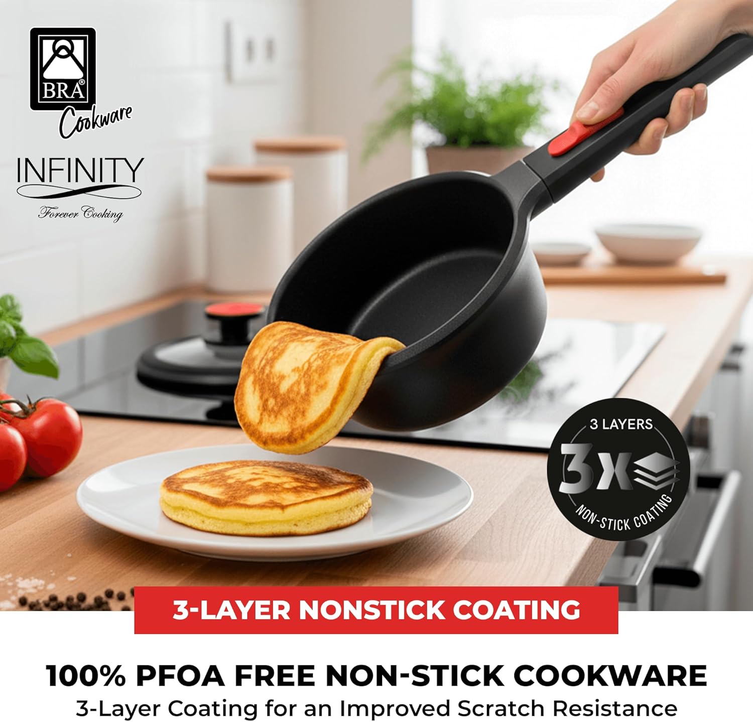 BRA COOKWARE Infinity Nonstick Saucepan with Glass Lid | 6.3 Inch 1.2 Quart Deep Pot | PFAS Free Soup Pot | Deep Pan Ideal for Boiling or Warming on All Cooktops incl. Induction | Removable Handle