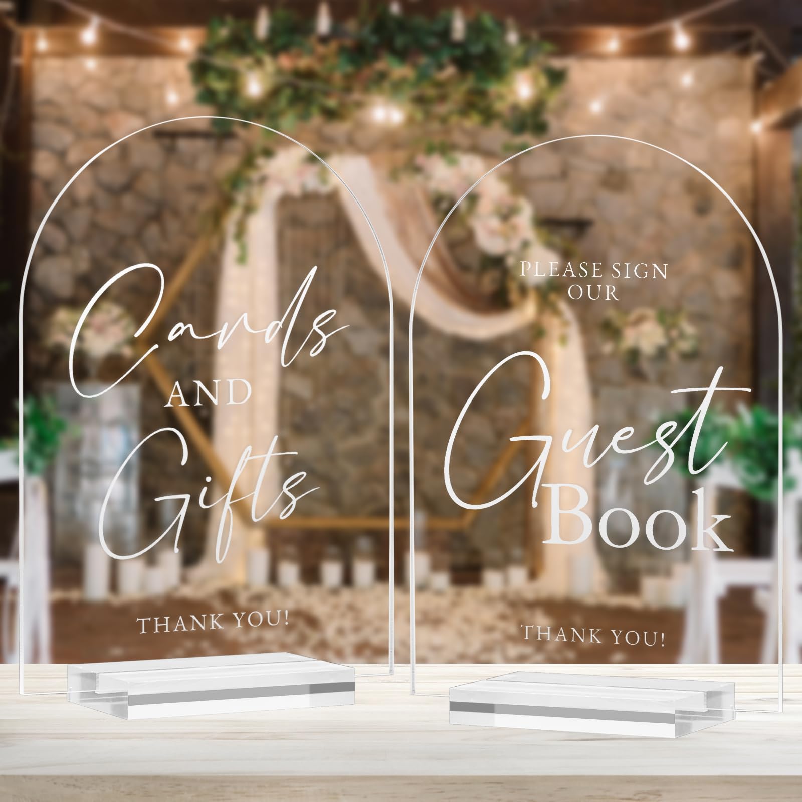 Set of 2 Acrylic Arch Wedding Signs- 5x7 Inch Clear Wedding Signs 1/8" Thick and Stand, Modern Calligraphy White Lettering Arched Acrylic Wedding Signs for Wedding (Set of 2 Wedding Signs, 5x7 Inch)