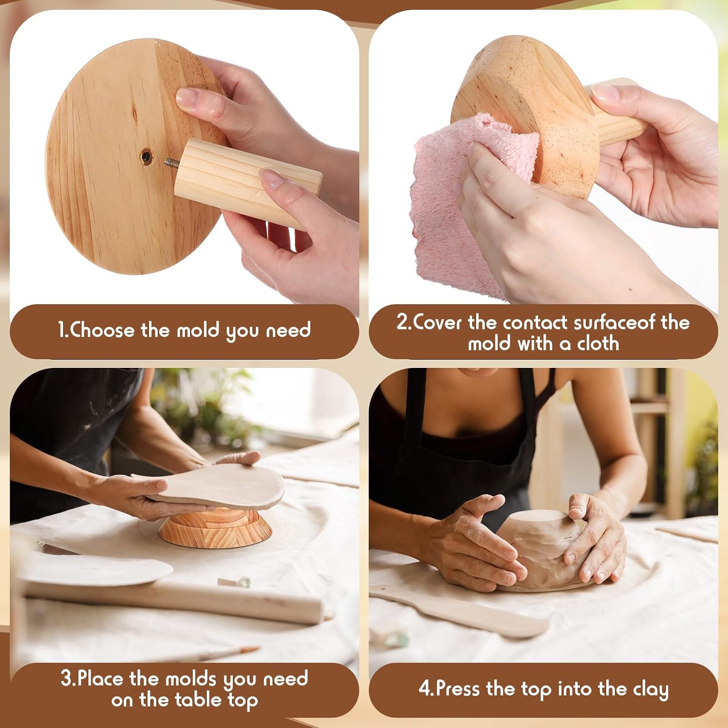 Reallnaive 4 Pack Pottery Molds 4.7'' 6.3'' 7.8'' 9.5'' Wood Pottery Tools 1'' Thickness Clay Plaster Molds with Handle Ceramics Tools for DIY Bowls Plate Dish Slump Press Mold Art Making