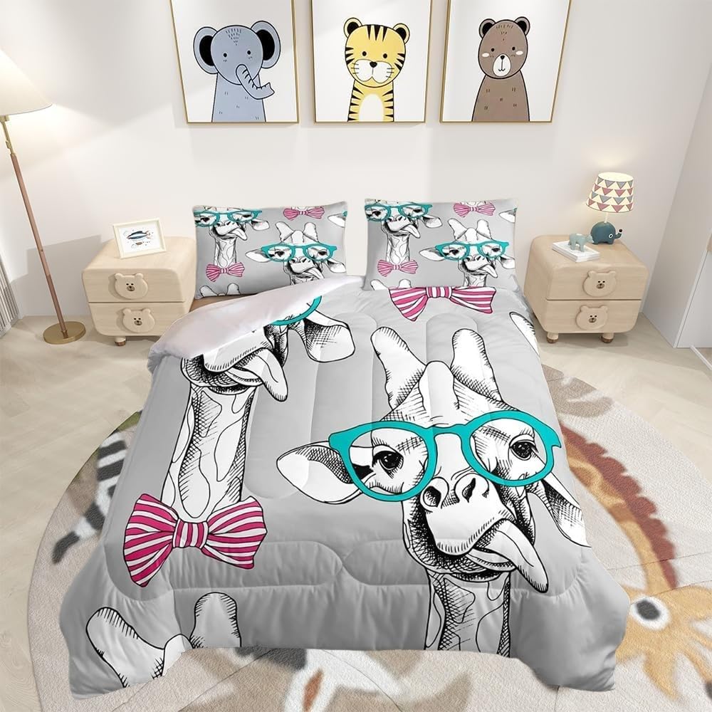 Couette 240x260 grise avec girafes et taies d'oreiller pour un lit 2 personnes douillet