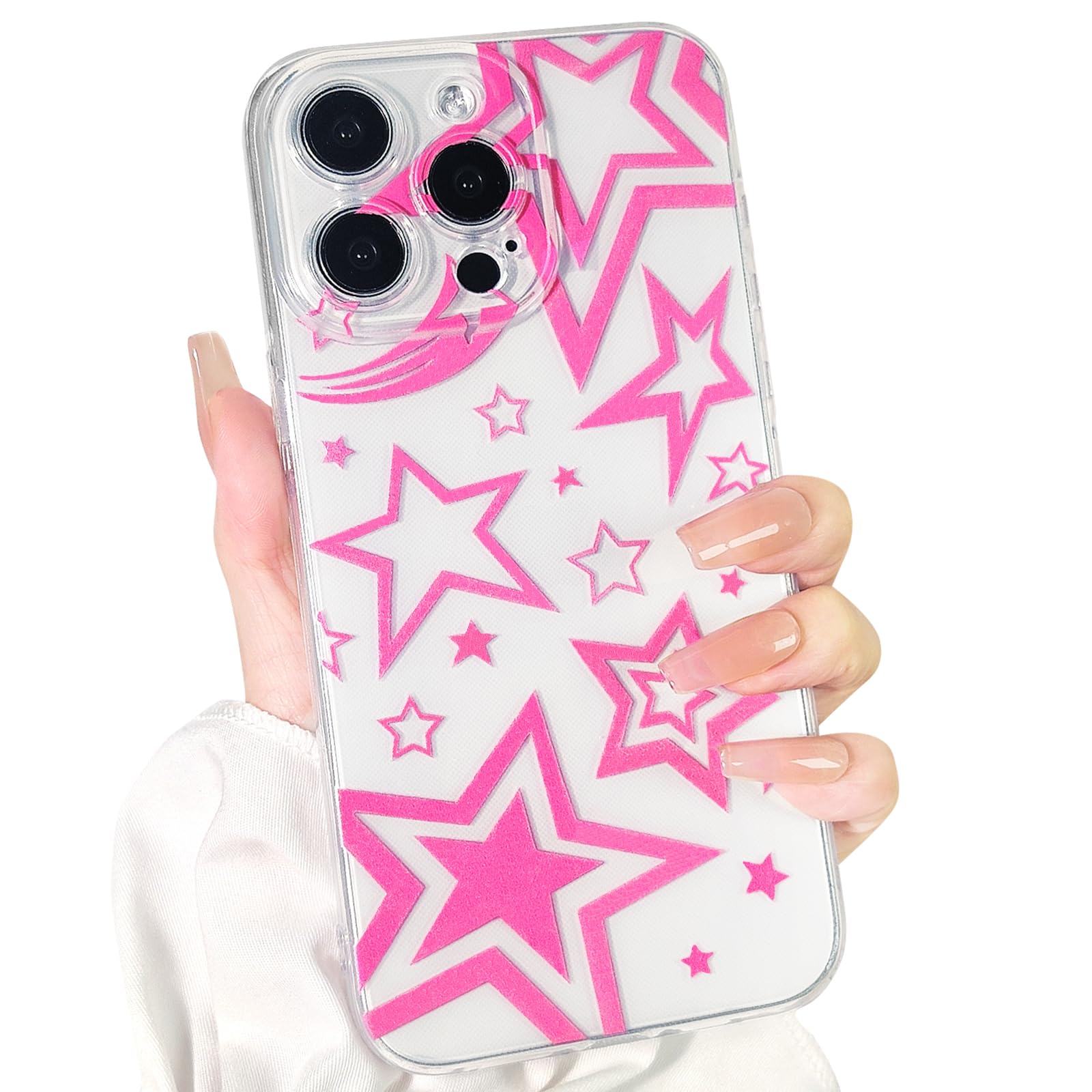 Lovmooful Compatible for iPhone 15 Pro Max Case Cute Clear Luxury Pink Super Star Bumper Protector for Girls Women Soft TPU Shockproof Protective Girly for iPhone 15 Pro Max-Star