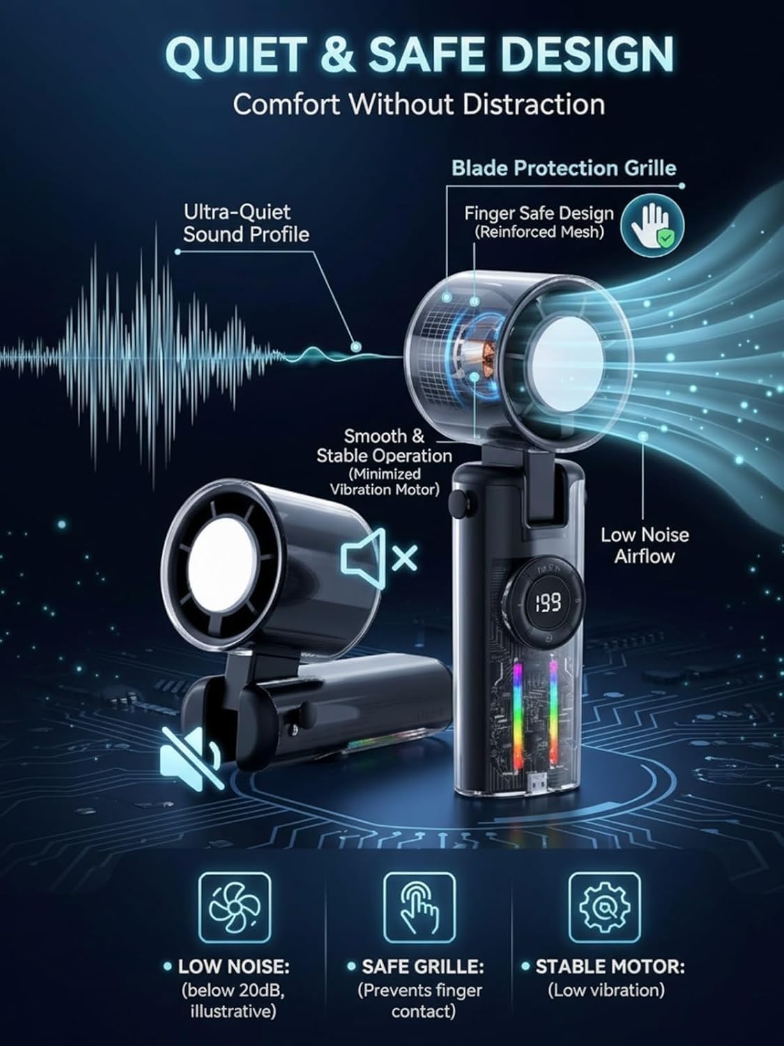 Portable Ac Fan with Turbo Ice Cooling, 4000mah Rechargeable Mini Fan, 135° Tilt Foldable with 1-199 Speeds & Fill Light, Suitable for Handheld, Neck-Hanging, Or Desktop Use (White)