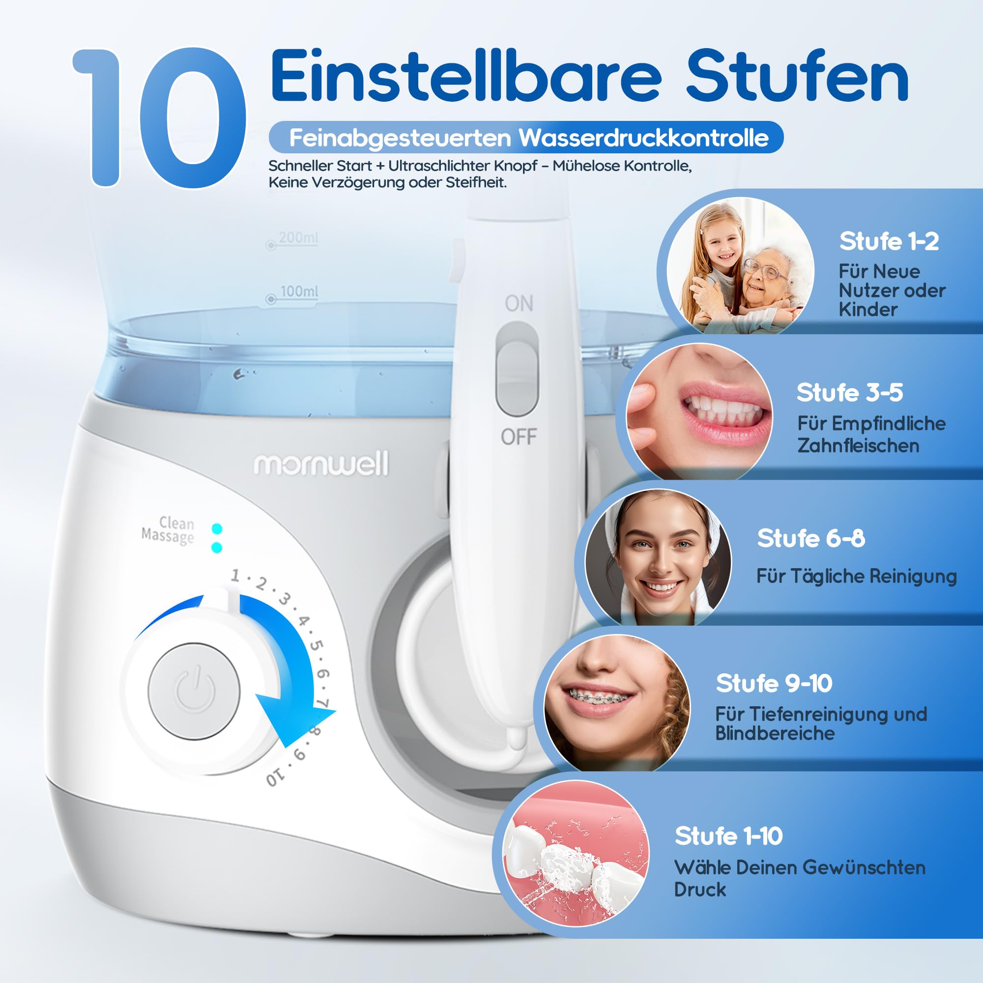 Mornwell Idropulsore Dentale Professionale Elettrico con 10 Livelli di Pressione, 6 Ugelli, 2 Modalità & Serbatoio 600ml, con Timer Integrato (Large A)