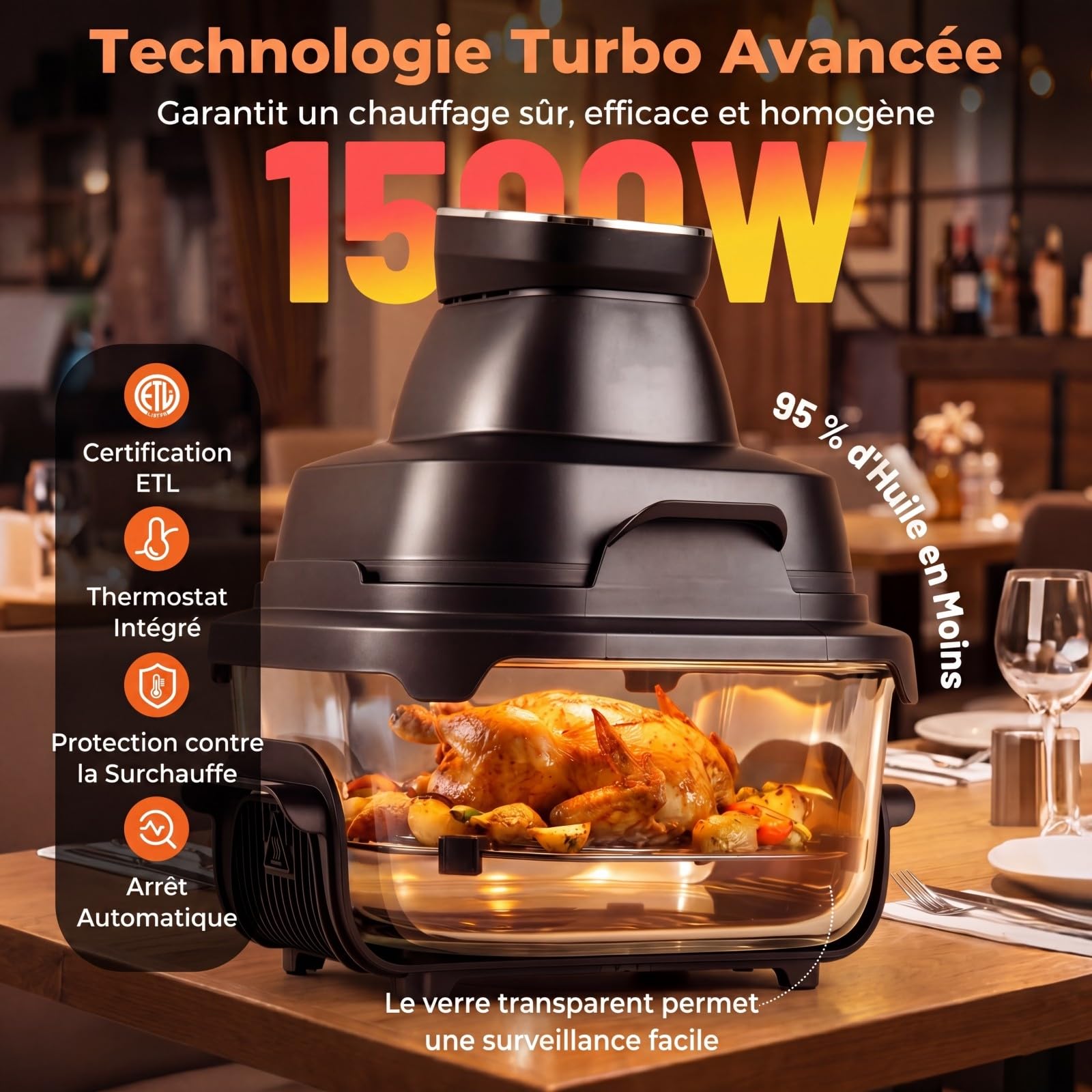 LIFEZEAL Friteuse à Air Portable en Verre 1500W avec 6 Programmes (Noir)