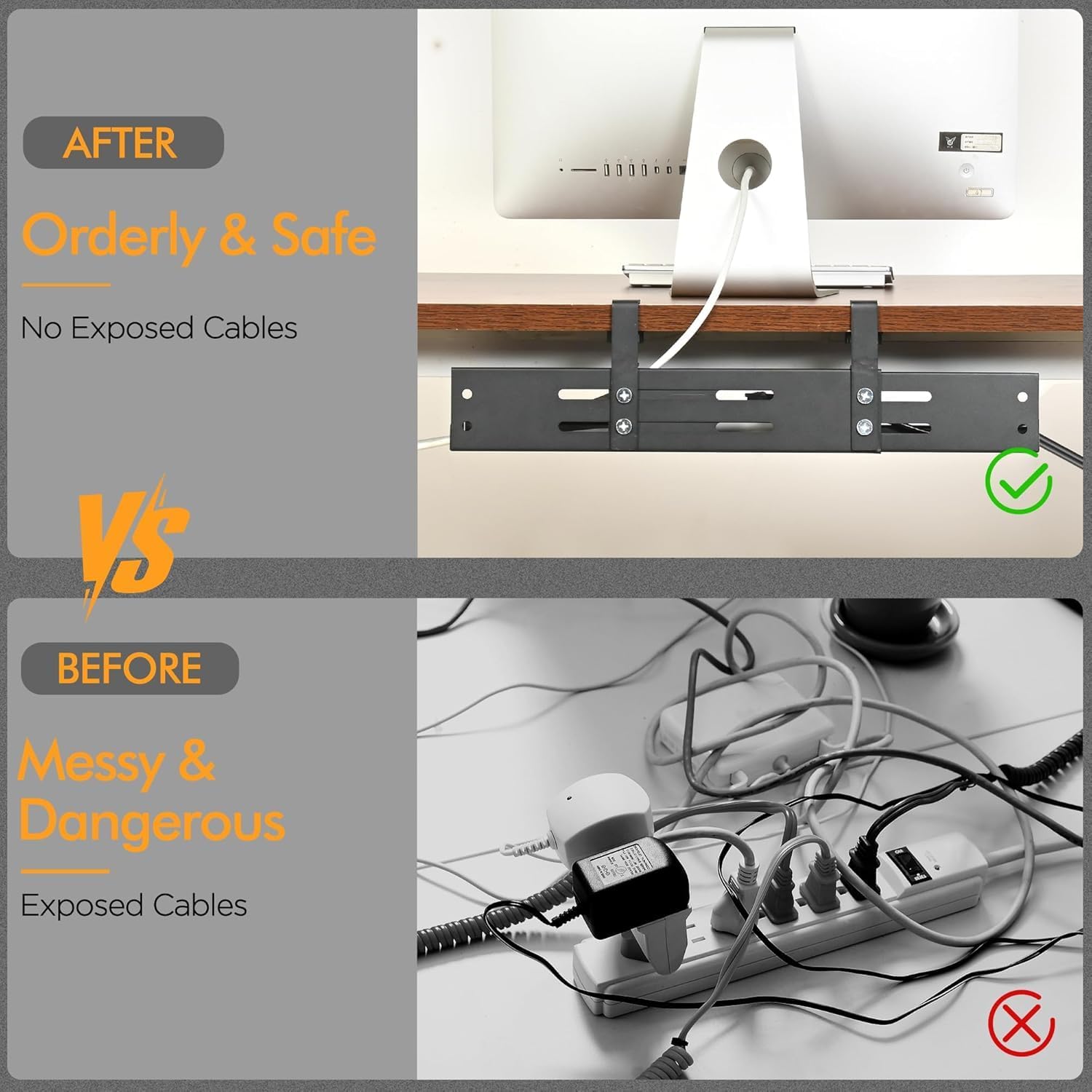 No Drill Under Desk Cable Management Tray, 17”-30” Retractable Cord Organizer for Table, Clamp Mount Wire Basket, Power Strip Holder & Metal Cord Organizer for Office, Home