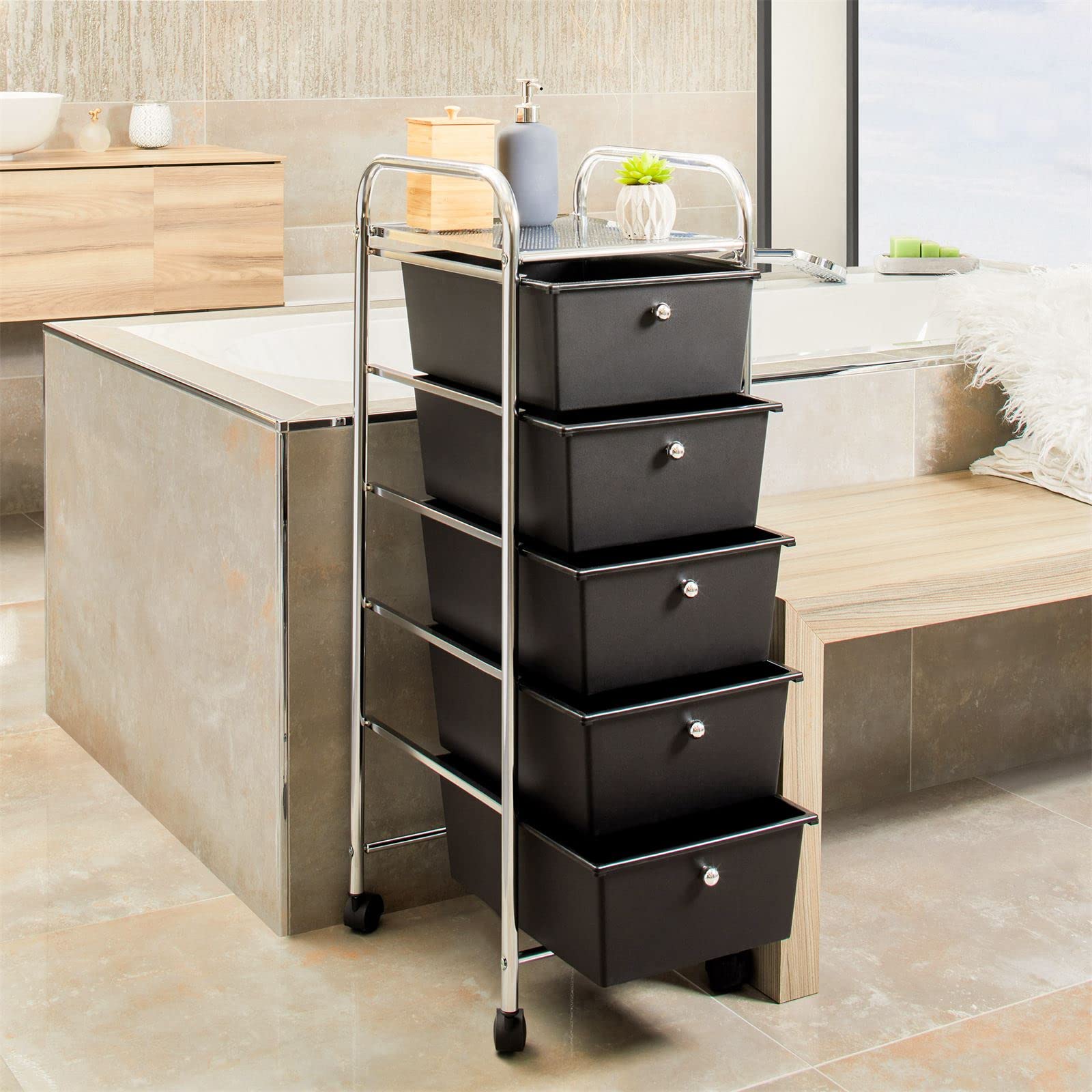 IDIMEX Rollcontainer GINA, Chrom/schwarz - Rollwagen mit 5 Schubladen, lackiertes Metallgestell in Chrom auf Rollen, Friseurwagen, Badezimmerschrank, Kosmetik Aufbewahrung