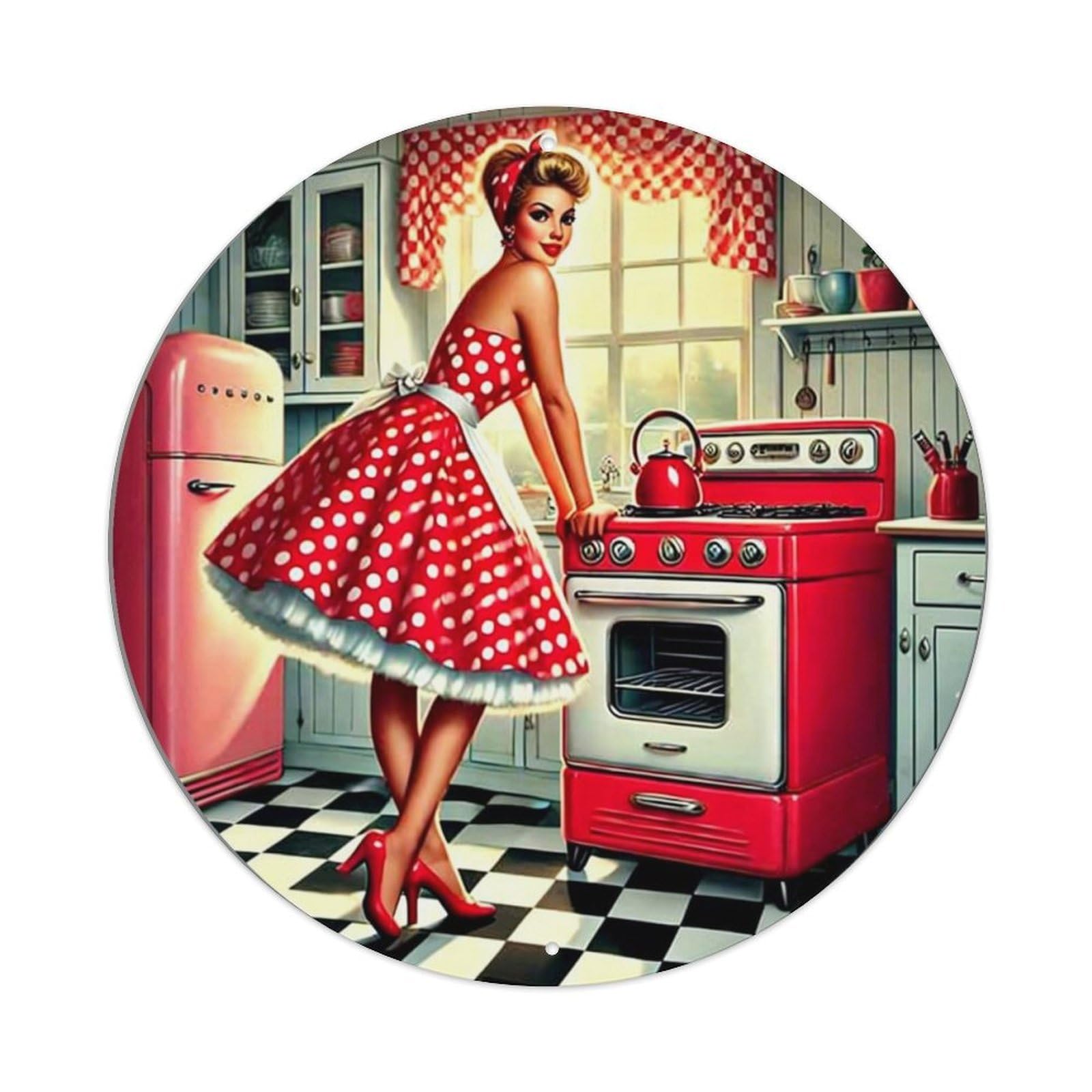 Red Polka Dot Dress Kitchen Scene Tin Sign Metal Poster Vintage Metal Signs for Home Man Cave Bar Cafe Kitchen laundry room Wall Decorations Gift 8x8Inch