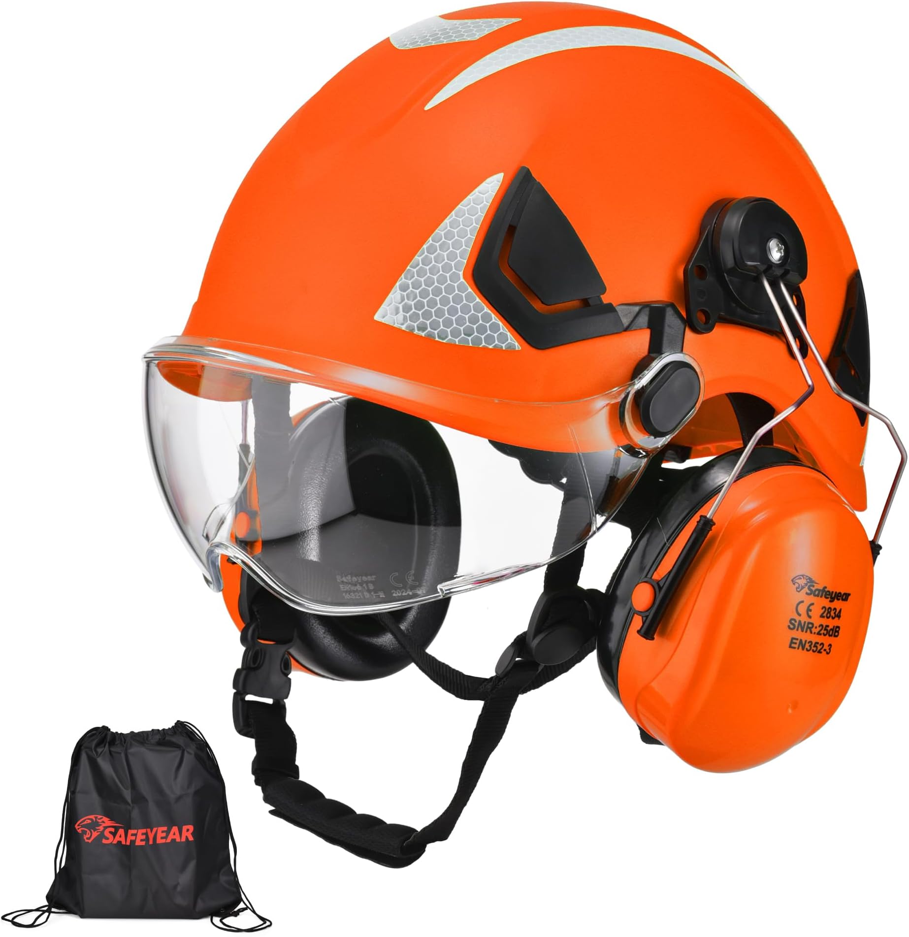 SAFEYEAR Safety Hard Hat with Anti-scratch Glasses, Earmuffs, CE EN397 Safety Helmets with Chin Strap Light Reflective Ventilated ABS Hard Hats for Industrial Workers 6-Point Suspension