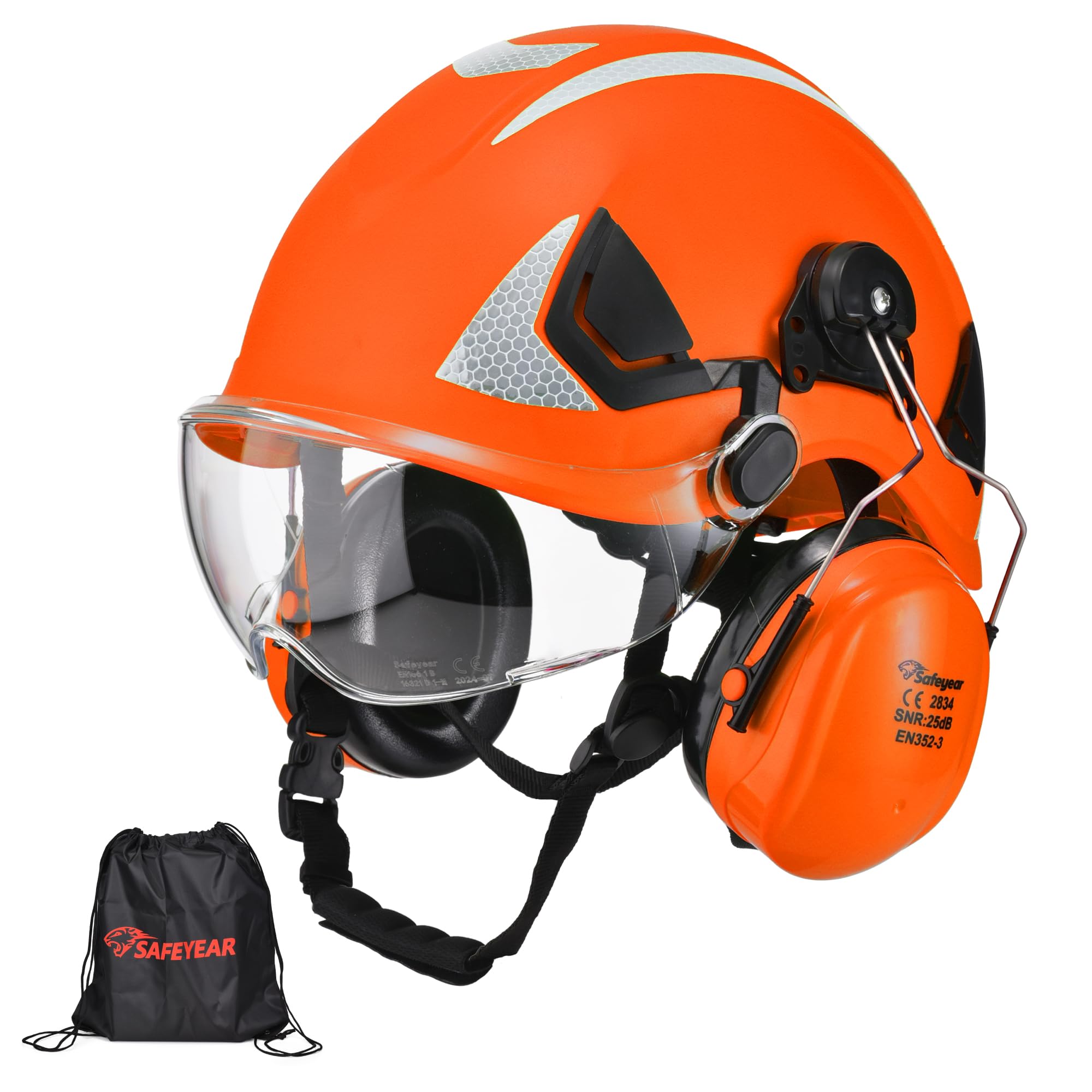 Safeyear Casque de Sécurité EN397 avec Visière et Cache-Oreilles, Casque Protection ABS avec Lunette UV, Casque de Chantier Réglable 53–64cm pour Industrie, logistique de Stockage, Forestier