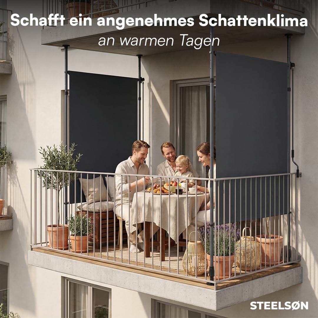 STEELSØN Serelia Senkrechtmarkise 120x310 cm – Vertikalmarkise außen Antharzit – Sichtschutz Balkon wetterfest – Klemmmarkise als Sonnenschutz & Windschutz – Balkonmarkise ohne Bohren – Outdoor-Rollo