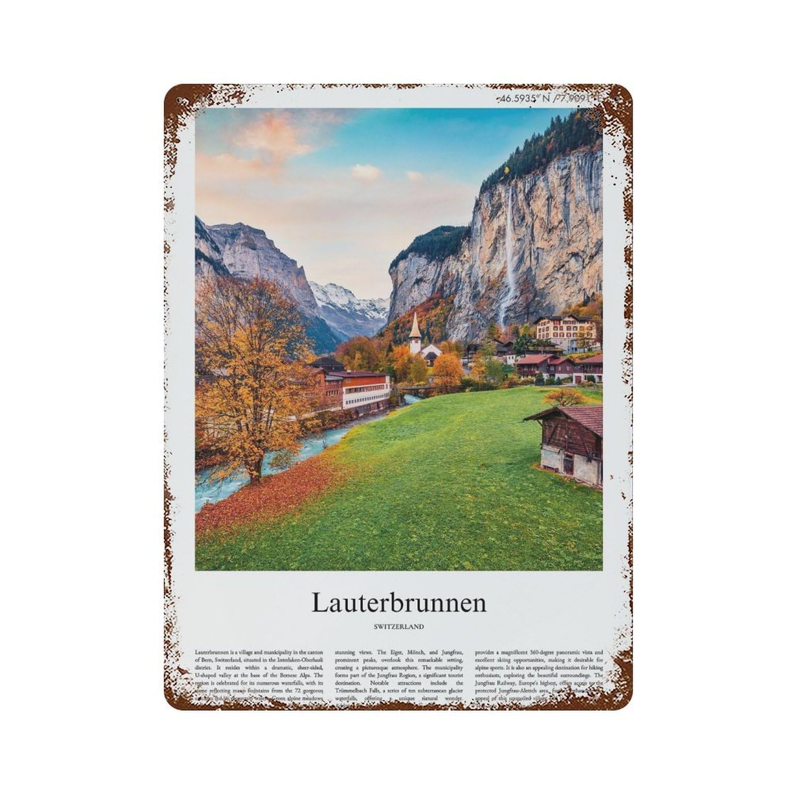 xiaoxiaoshen Lauterbrunnen Switzerland City Scenery Wall Decor Art Metal Tin Poster Modern Home Decor Art Home Bar Shop Decorations Vintage Sign 40x30cm
