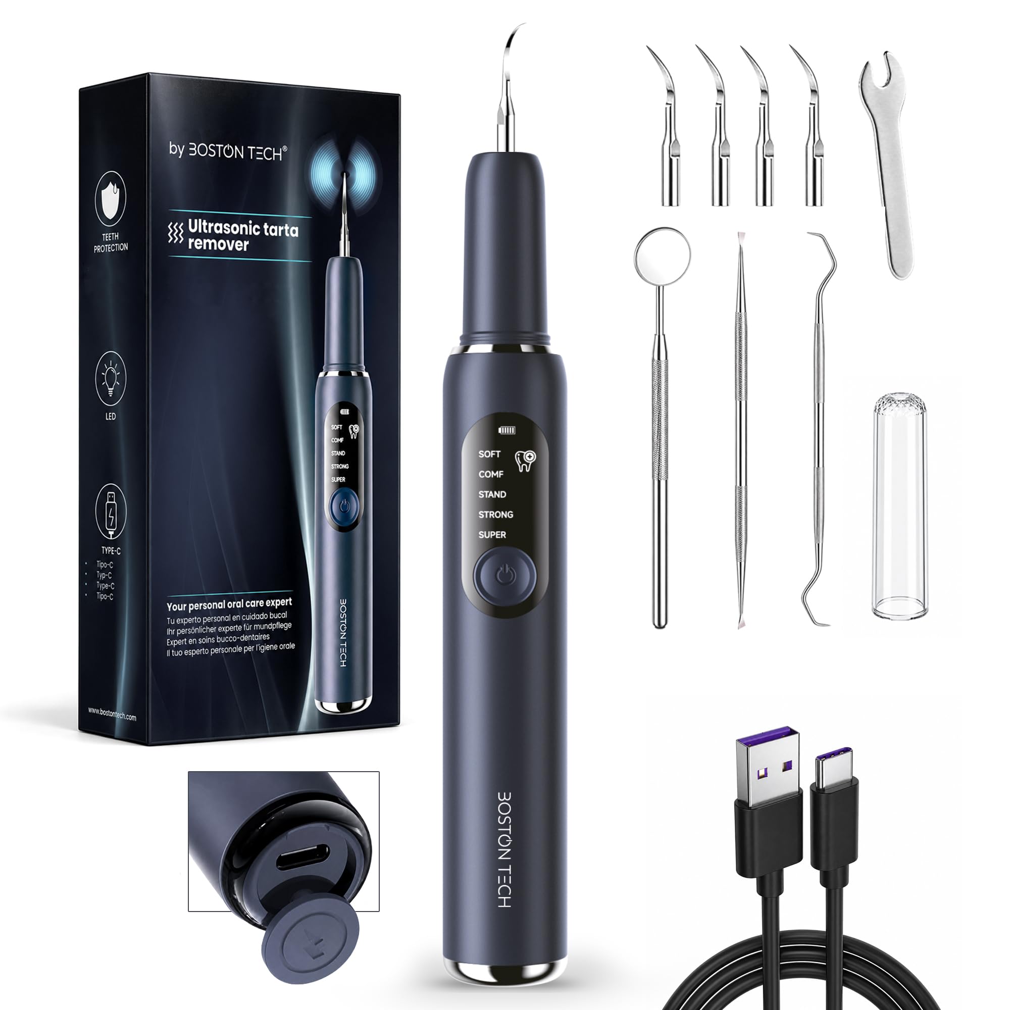 Boston Tech DENTRA Ablatore Tartaro Ultrasuoni, Pulitore Denti Elettrico per Rimuovere Placca e Tartaro, Kit Pulizia Denti con 5 modalità, Ricarica Type-C e Spegnimento Automatico 10 Minuti