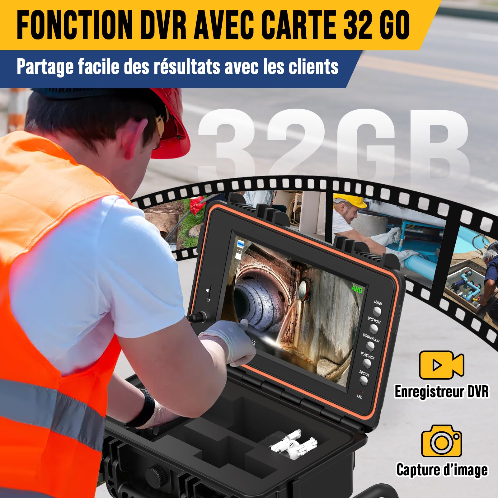 Caméra d’Inspection Canalisation, Caméra Auto-Nivelante 1080P et Émetteur 512Hz, Câble de 50M avec Repères Métriques, Écran IPS HD De 9 Pouces, DVR 32 Go, Batterie 5100 mAh, Étanchéité IP68