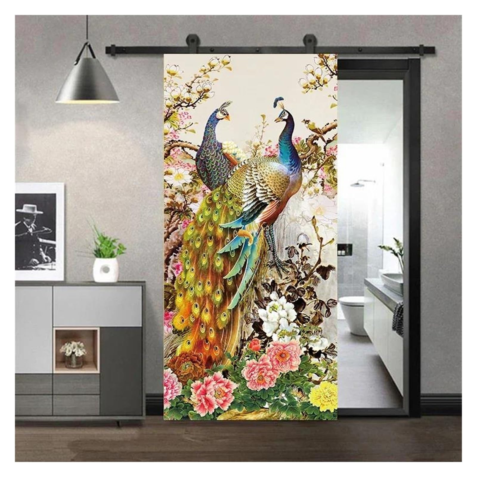 Autocollant de porte paon en vinyle premium 85x215cm pour une décoration intérieure raffinée