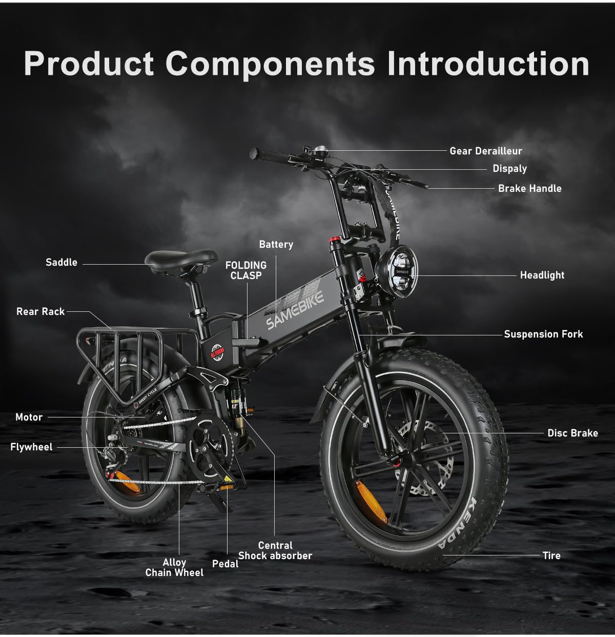 SAMEBIKE Fat Tire Bicicletta Elettrica per Adulti 20"×4.0",Pieghevole Bici Elettrica,Mountain Beach Snow Ebike Adulto,Batteria Rimovibile 48V17AH,Bici Elettriche per 7 Velocità