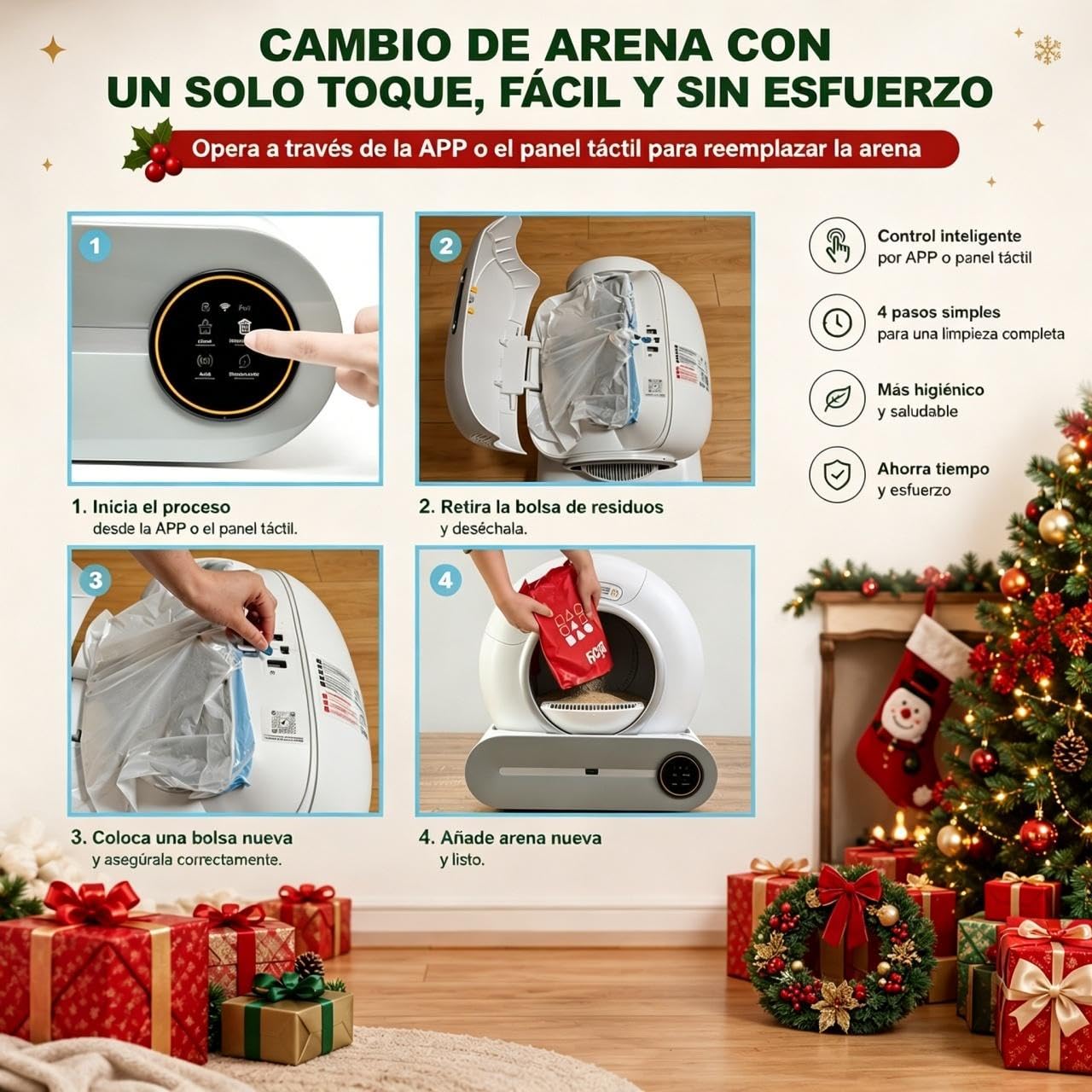 Arenero para Gato Autolimpiable 65L+9L, Arenero Inteligente Automático con Control App, Eliminación de Olores, Incluye 5 Rollos Bolsas Basura y 1 Tapete, para Varios Gatos