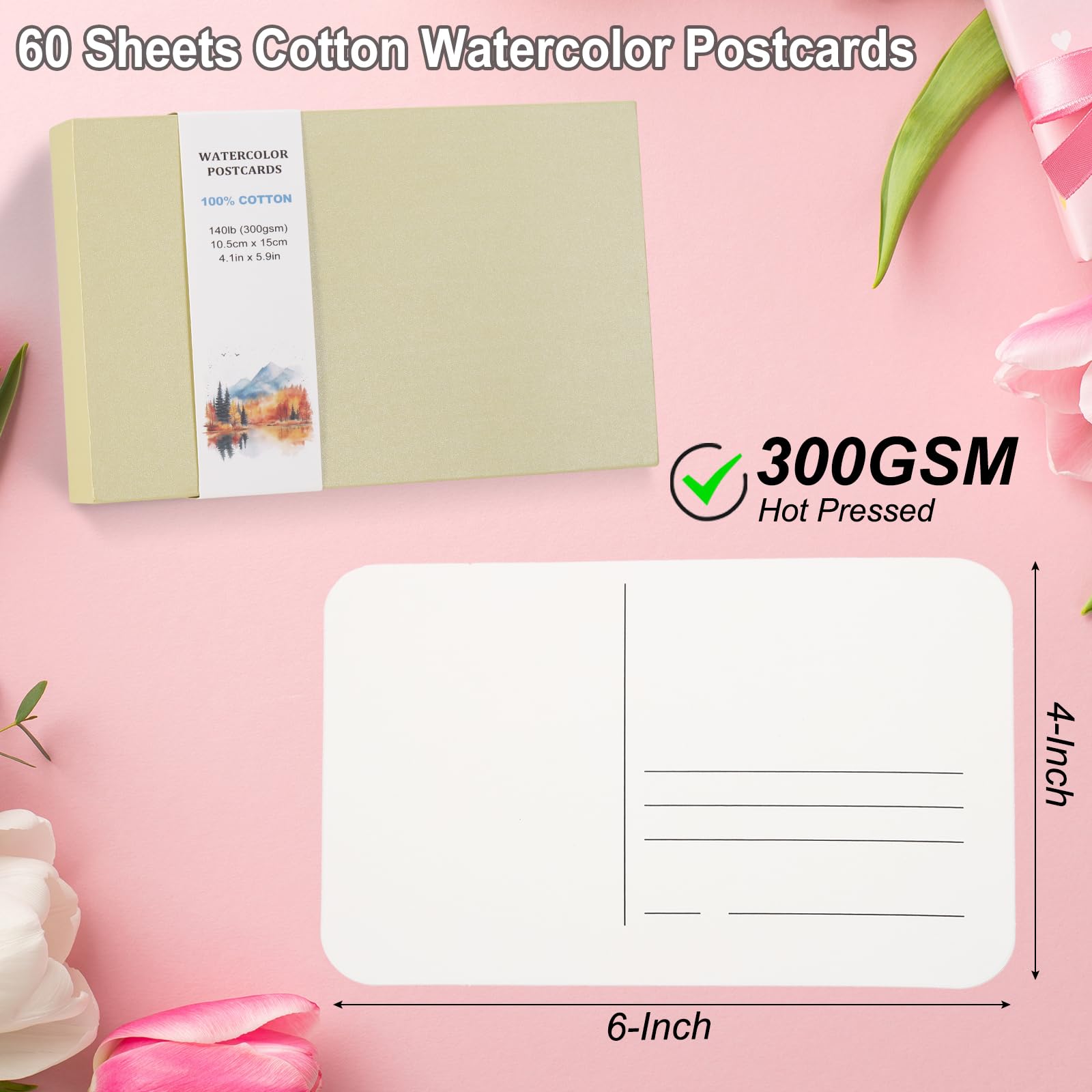 PATIKIL 60 Sheets Watercolor Postcards, 100% Cotton 4x6 Inch Blank Rounded Corners Water Color Paper Post Cards Hot Pressed for Mailing Art Painting Drawing, 140lb/300 GSM(Beige Box)