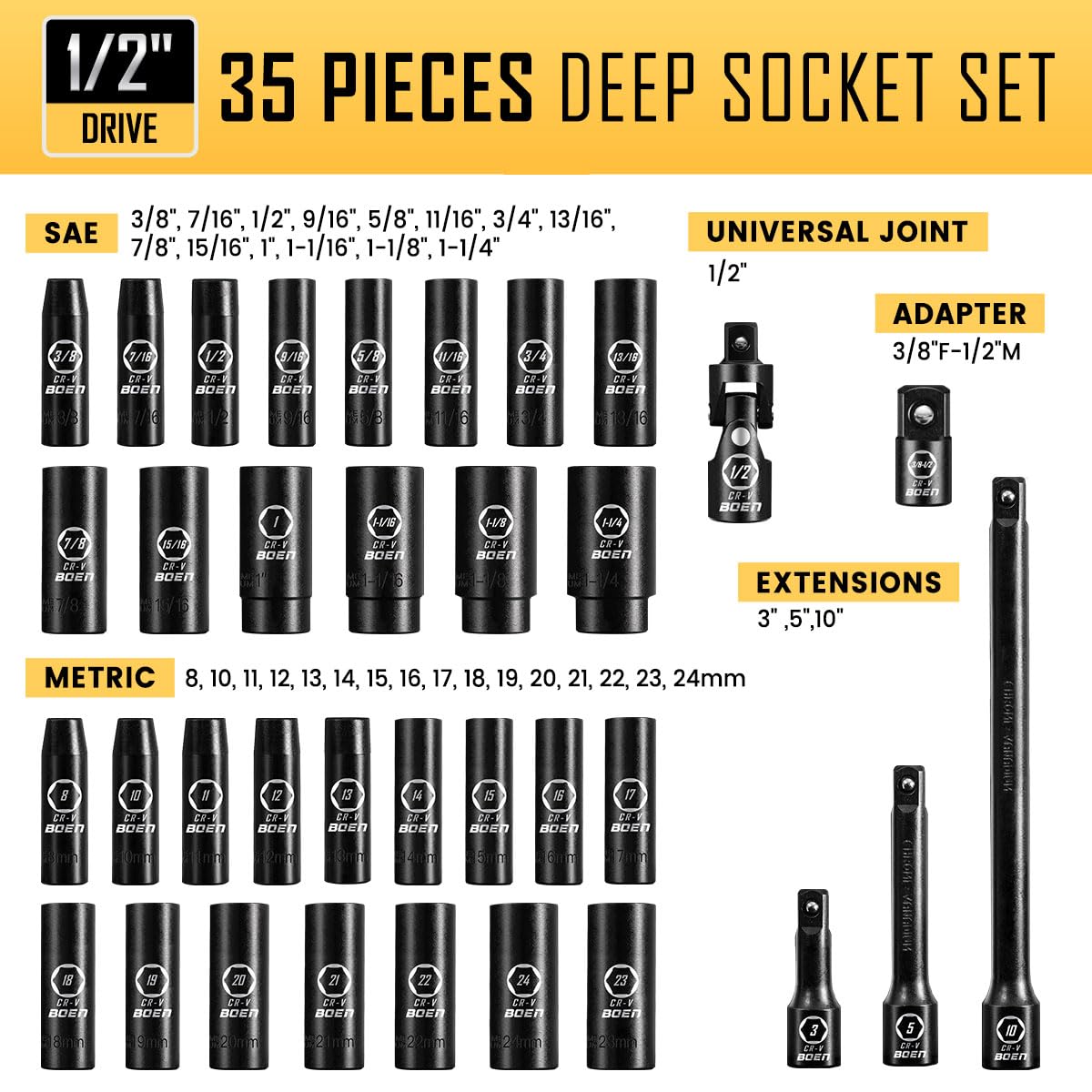 BOEN - Set di 35 pezzi da 1/2" a impatto profondo – SAE 3/8"-1-1/4" e metrico 8-24 mm, estensioni, guarnizione e adattatore, acciaio Cr-V, scatola a doppio blocco