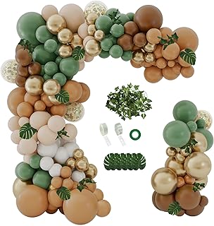 iLaFm 142PCS Sage Green Brown Balloon Garland Kit Jungle Safari Wild Woodland Balloon Arch Olive Green Gold Coffee Cocoa Balloons for Wedding Birthday Shower Party Decorations