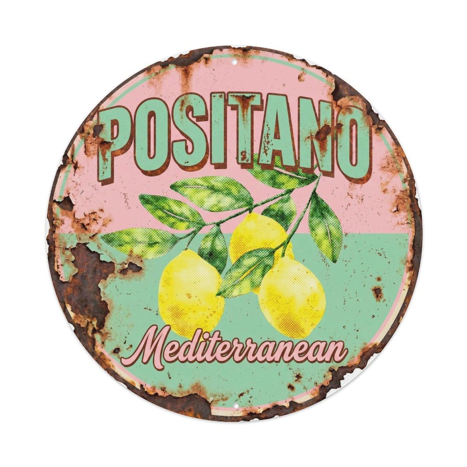 Travel Medallion Amalfi Riviera Positano Retro Coastal Metal Tin Sign Plaque Wall Decor for Cafe, Man Cave, Club Bar, Office, Home Garden Round Metal Poster 8x8Inch