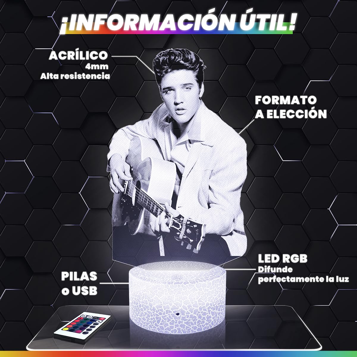 Lampephoto.fr - Lámpara 3D Elvis P. Luz Nocturna Táctil Elvis P. Led Ilusión 3D, Idea de Regalo para Niños y Niñas, Navidad, Lámpara de Mesilla de Noche para Niños o Adultos, Merchandising TOP