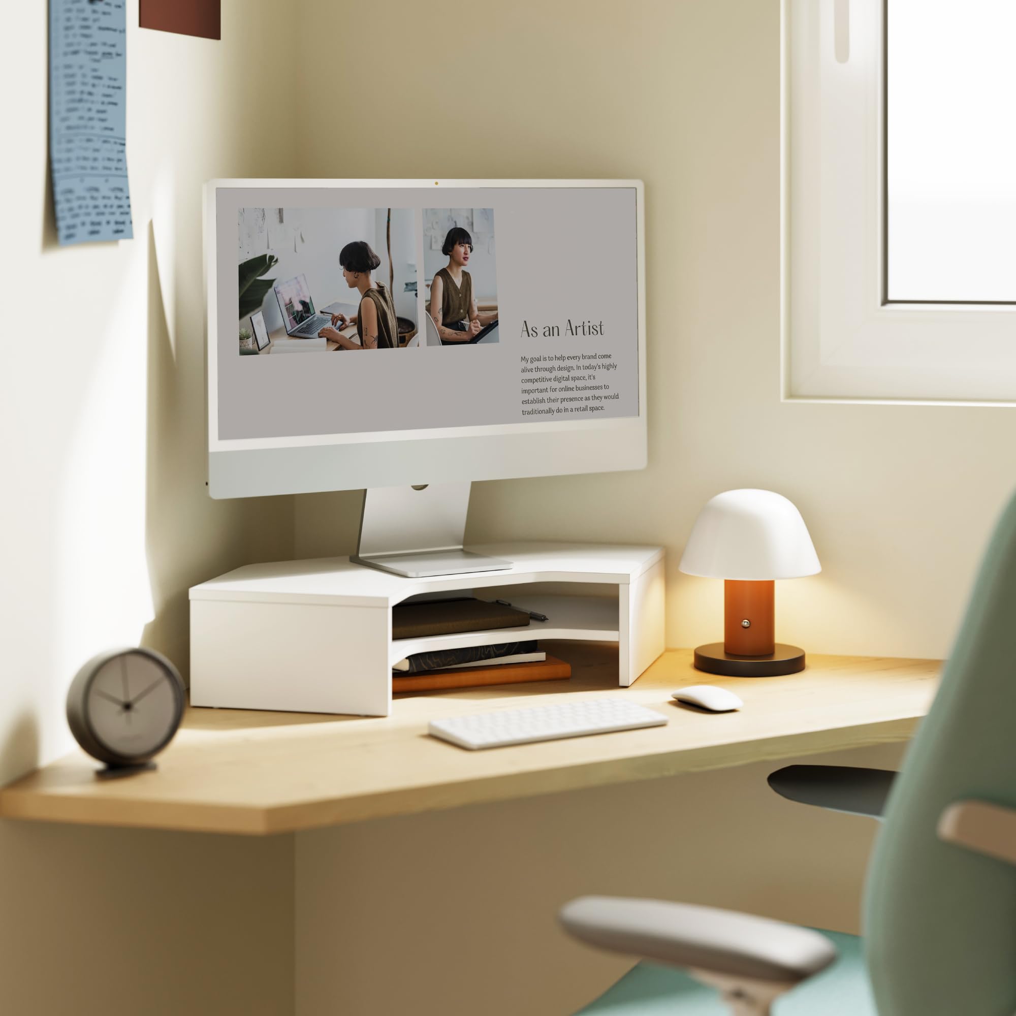 Fenge Supporto per Monitor, Scrivania Rialzo Monitor Angolare in Legno a 2 Livelli, Robusto Supporto per Computer, Supporto per Desktop Multiuso per Laptop, PC, Stampante, Computer (Bianco)