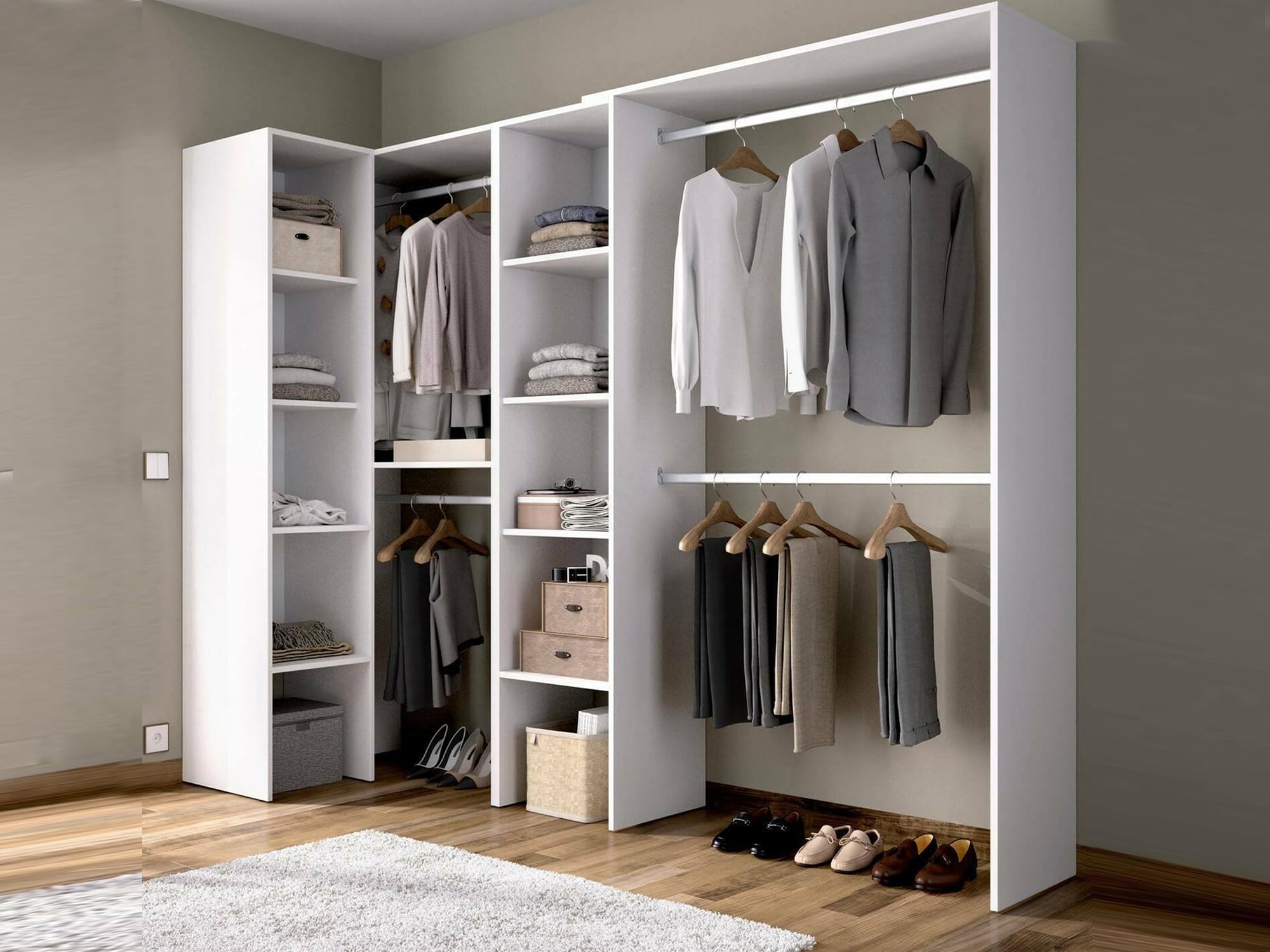 DMORA - Armario Grande Cuadrado, Estructura para Cabina Armario esquinero, Mueble Perchero Abierto en Esquina, 228 x 79 x 187 cm, Blanco