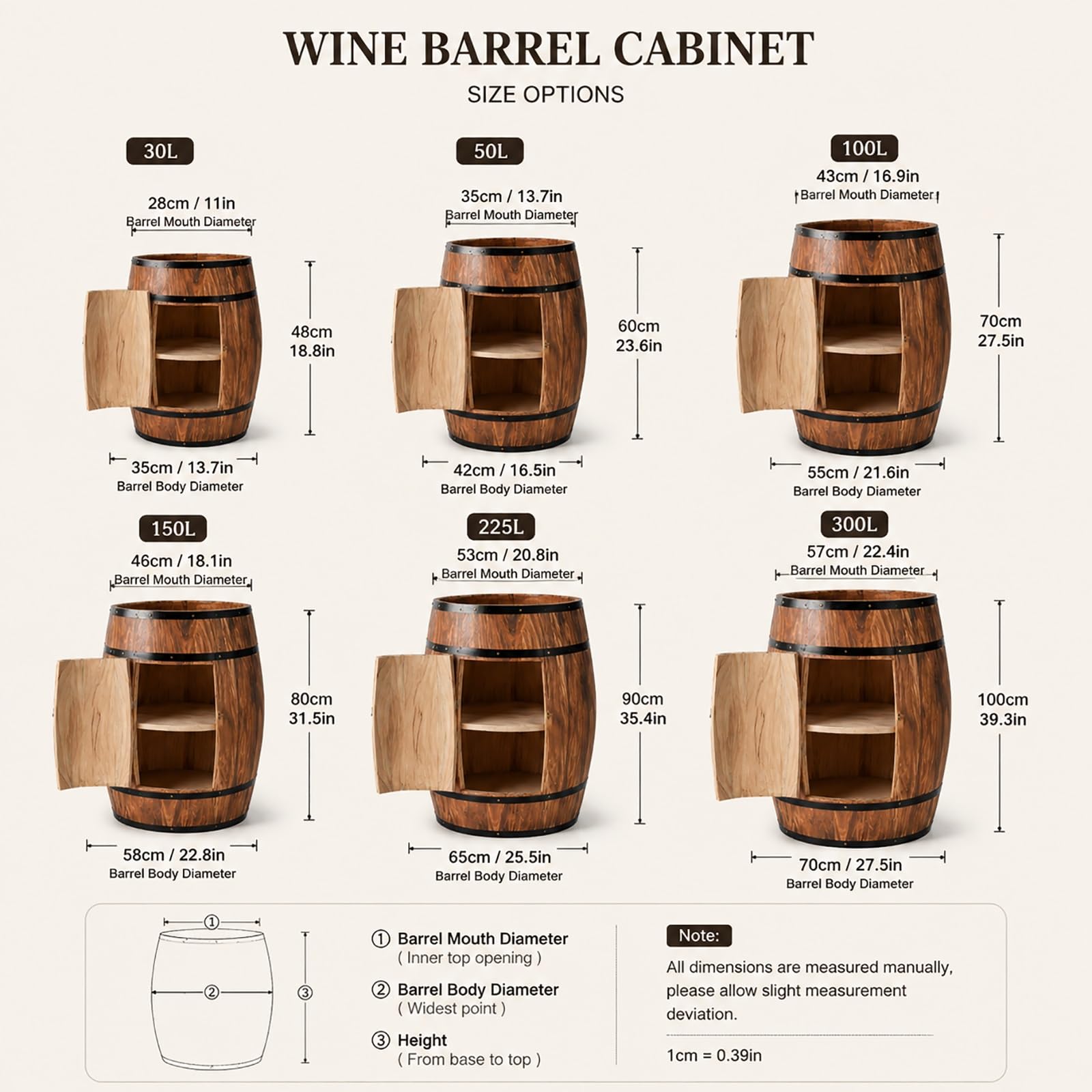 Mesa Barril Madera Maciza con Puerta, Mueble Bar Barril De Vino