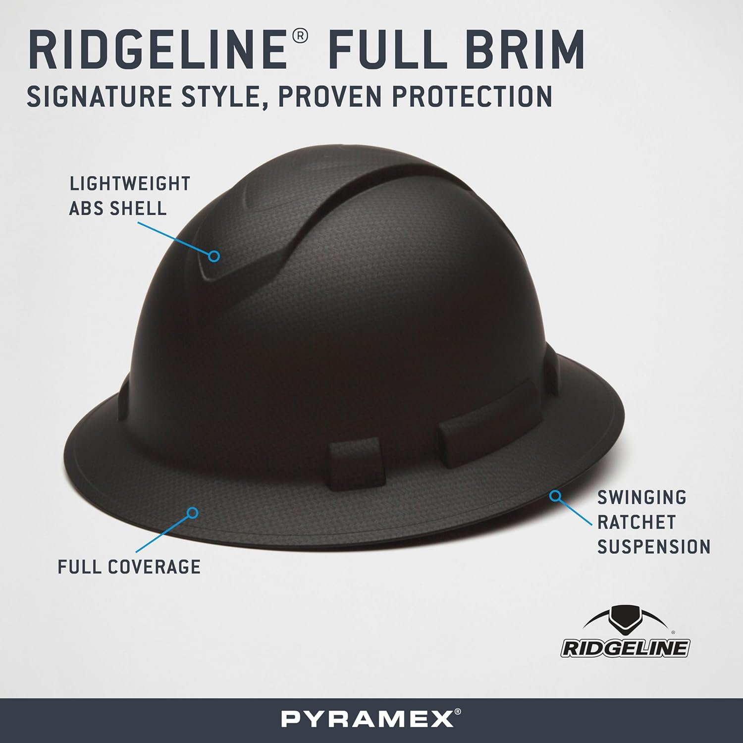 Pyramex Ridgeline Full Brim Hard Hat 4 Point Ratchet Matte Black Graphite Pattern