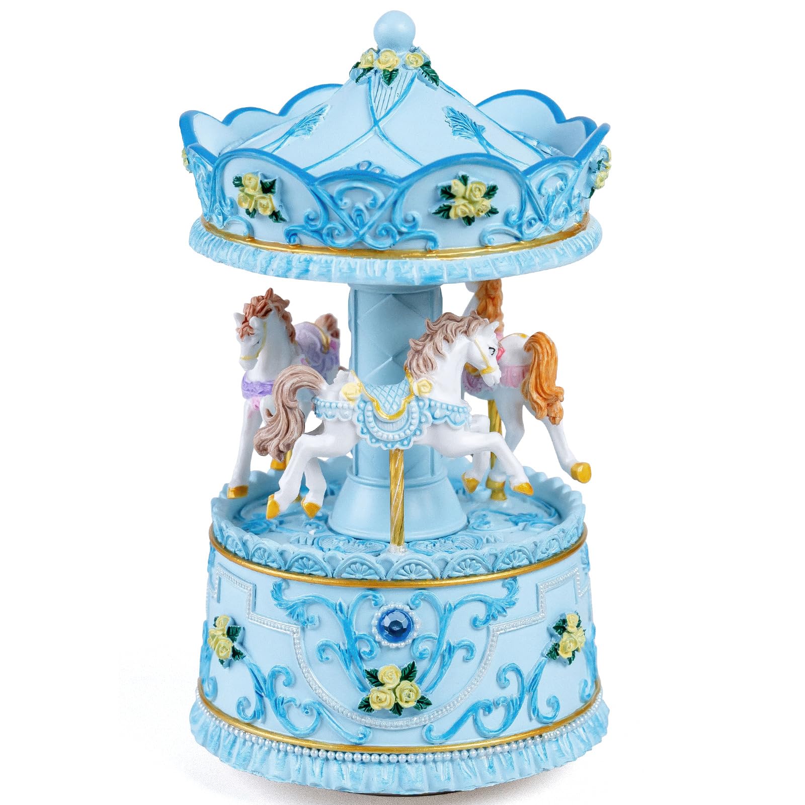 Handcrafted Blue Carousel Music Box with Lights, Resin Horse Figurines, Hand Painted Ornament for Girls, Wife, Mum, Birthday, Plays ‘You Are My Sunshine’