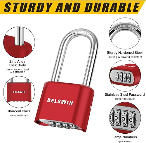 Miniatura 4 de DELSWIN Candado de combinación de candado resistente, cerradura combinada de 4 dígitos con grillete de 2.5 pulgadas de largo, candado impermeable al