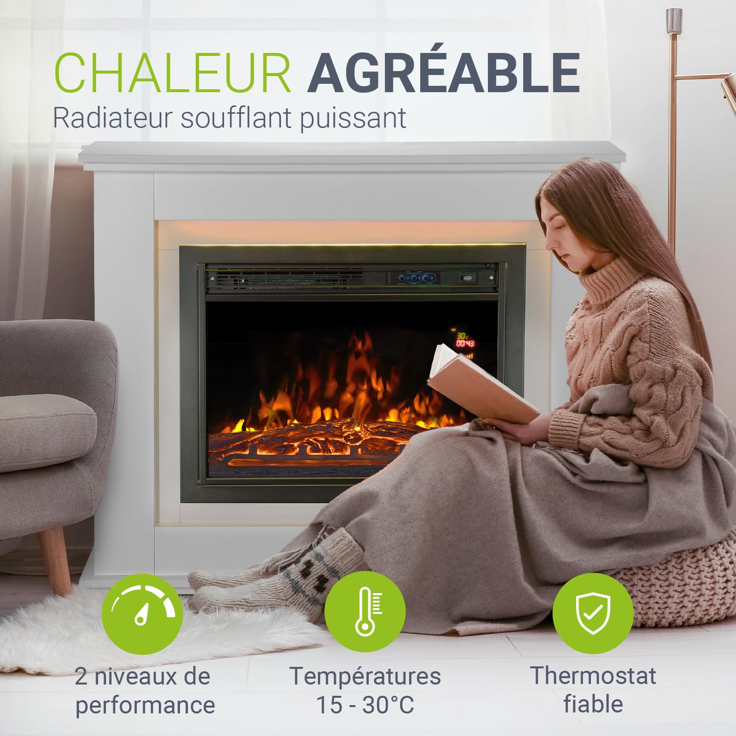 Juskys Cheminée électrique 1000/2000 W avec Chauffage, cheminée, Effet Flamme, télécommande, éclairage LED et minuterie (Blanc)(98x28x81cm)