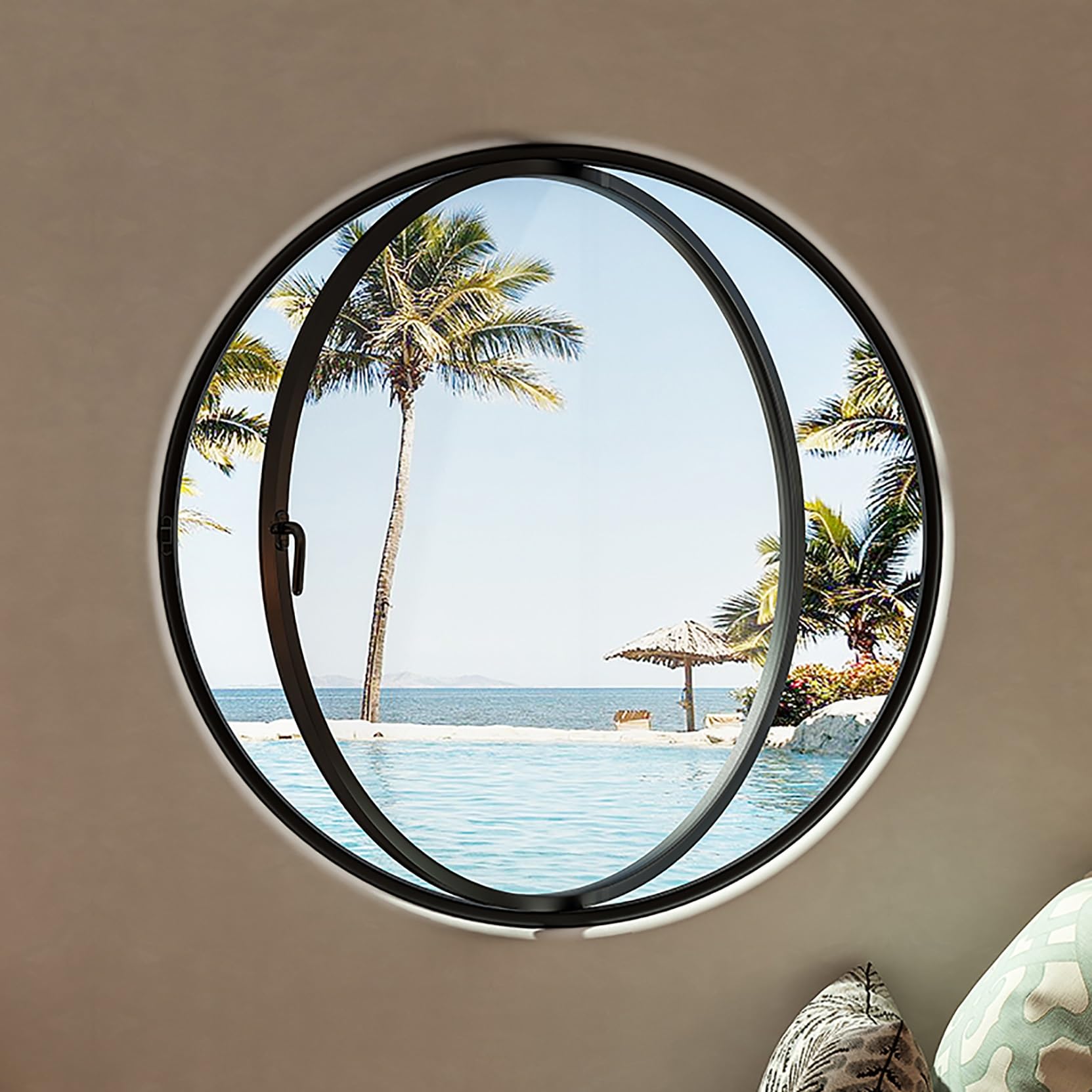 Ventana redonda negra para cobertizo, ojo de buey giratorio de 15.7 pulgadas con asas, ventana de salida de vidrio templado de 360° para baño, casa, sótano, tamaño pequeño