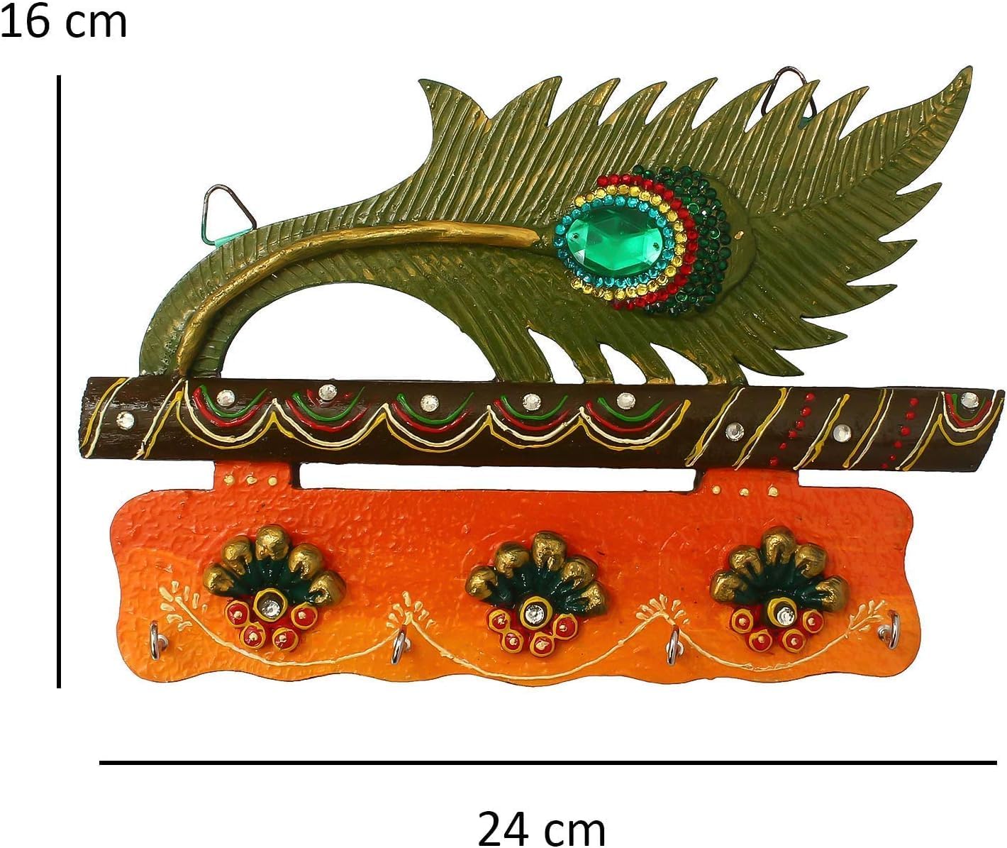 Decorative Mor Pankhi Key Holder with Peacock Design, 4 Hooks, 9 x 6 inches, Orange and Green Pack of 1