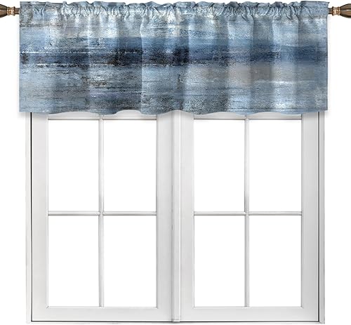 Cenefas de cocina azules y grises para ventanas, arte abstracto azul, cortinas de cenefa de media cocina, cenefas modernas para tratamiento de