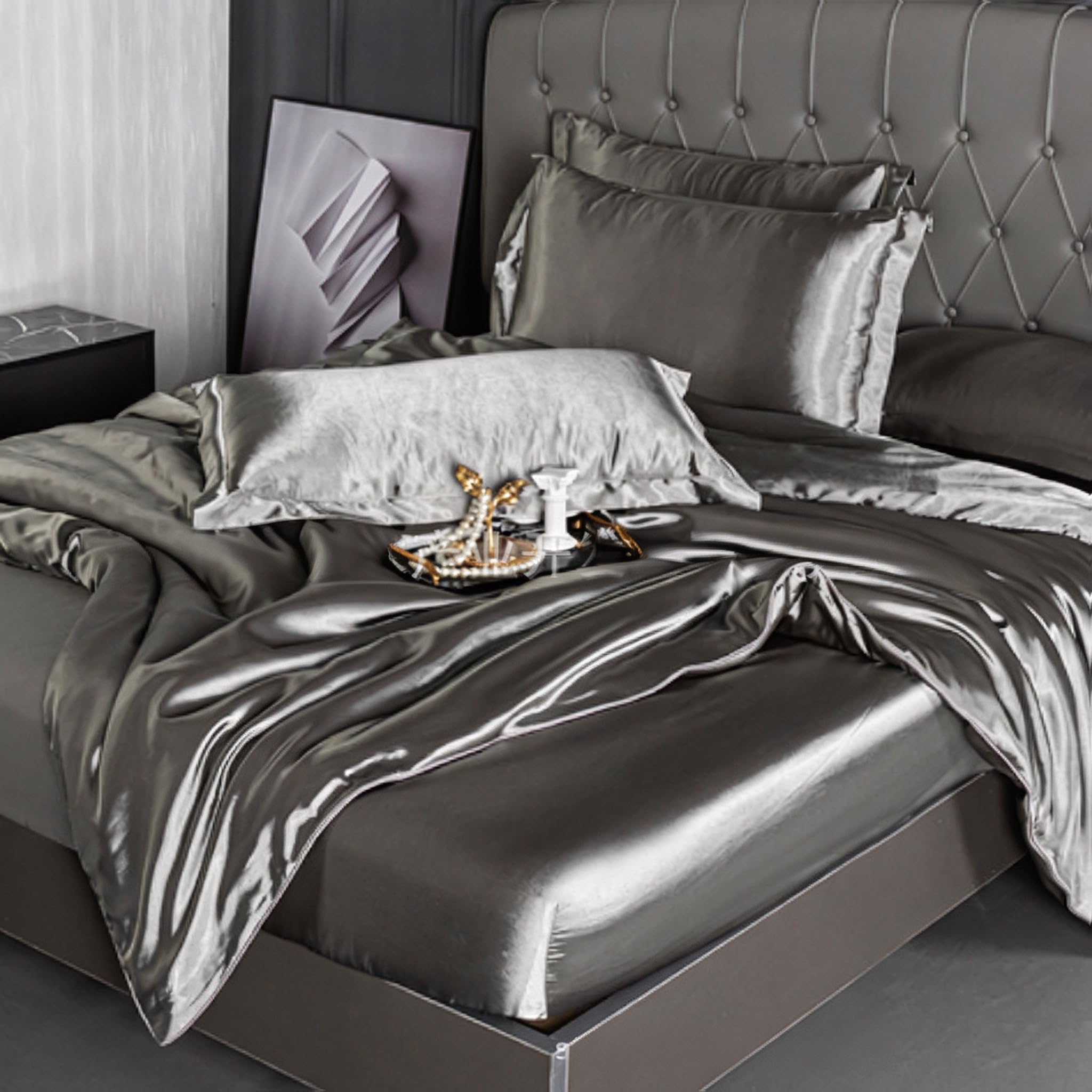 Set copripiumino per letto matrimoniale, 3 pezzi, tessuto satinato liscio e setoso, include 1 copripiumino, 1 lenzuolo con angoli e 1 federa, tinta unita